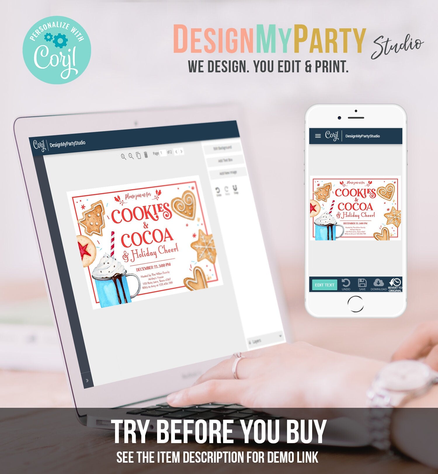 Editable Cookies and Cocoa Invitation Hot Cocoa Party Invite Hot Chocolate Holiday Cookie Exchange Download Printable Template Corjl 0360