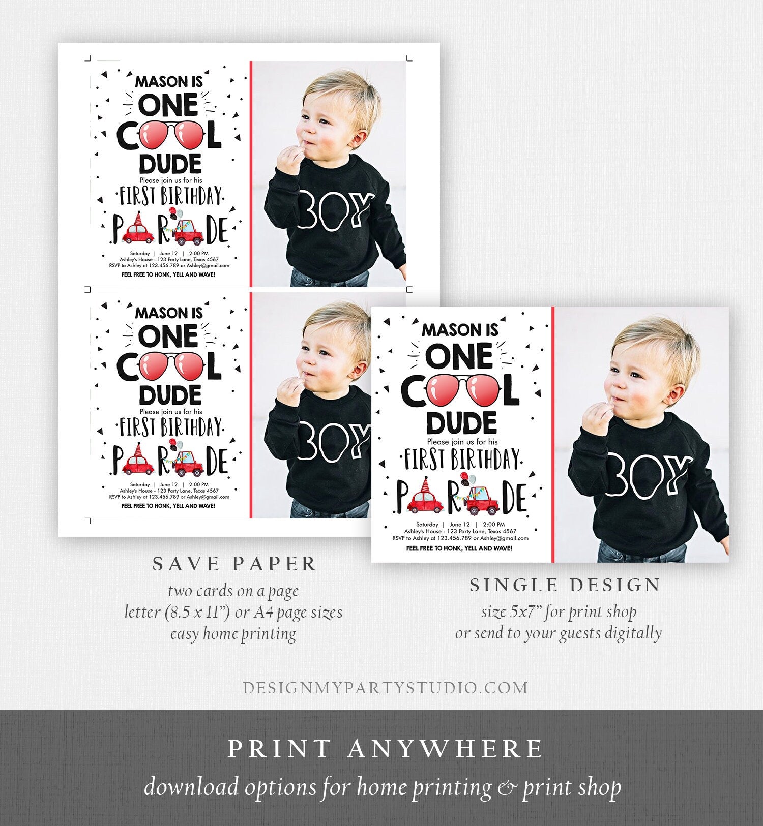 Editable Drive By Birthday Parade Invitation 1st Birthday One Cool Dude Invite Honk Wave Car Boy First Instant Download Digital Corjl 0136