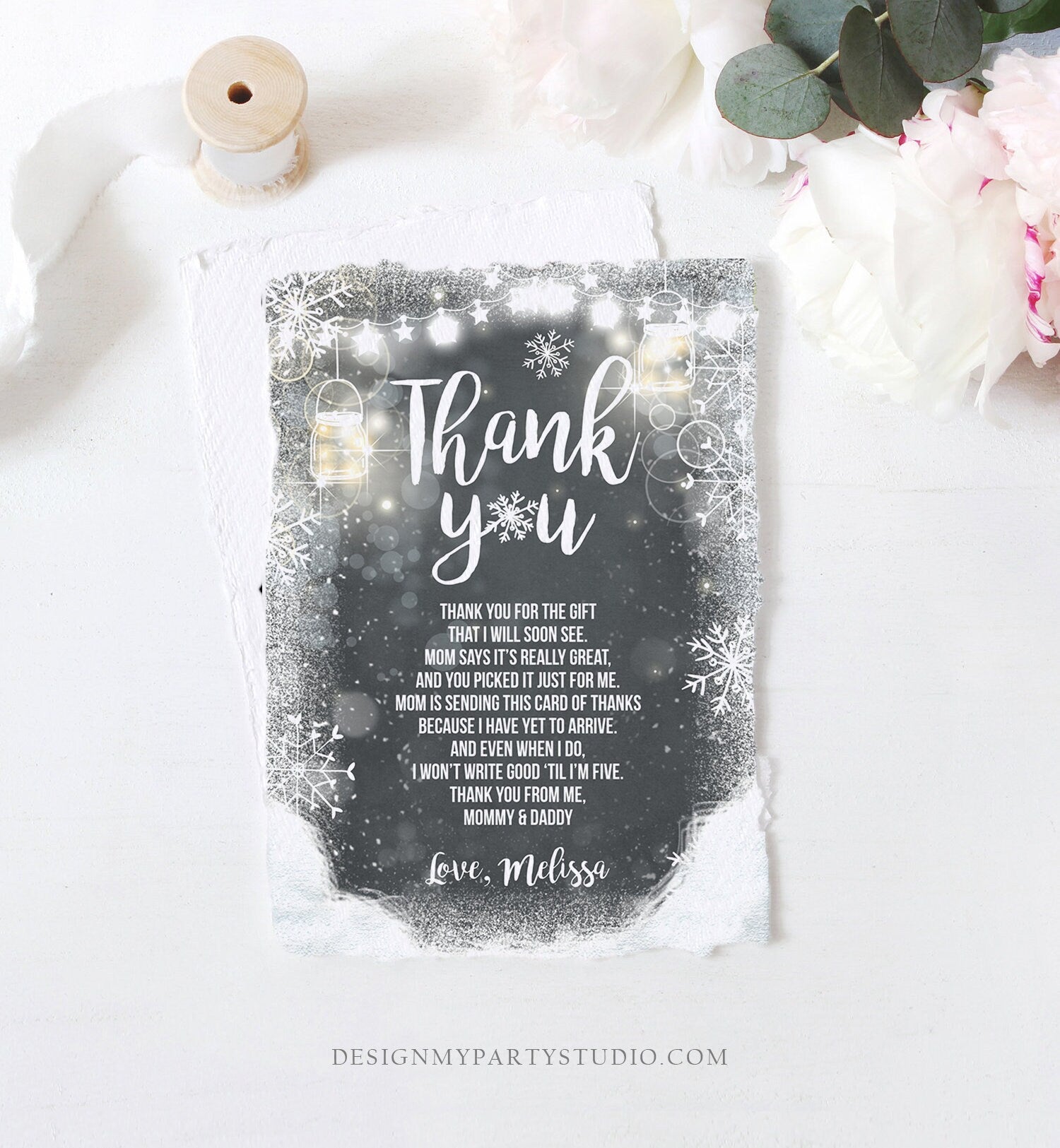 Editable Winter Thank You Card Baby Its Cold Outside Baby Shower Thank you note Winter Rustic Snowflakes Lights Template Download Corjl 0031