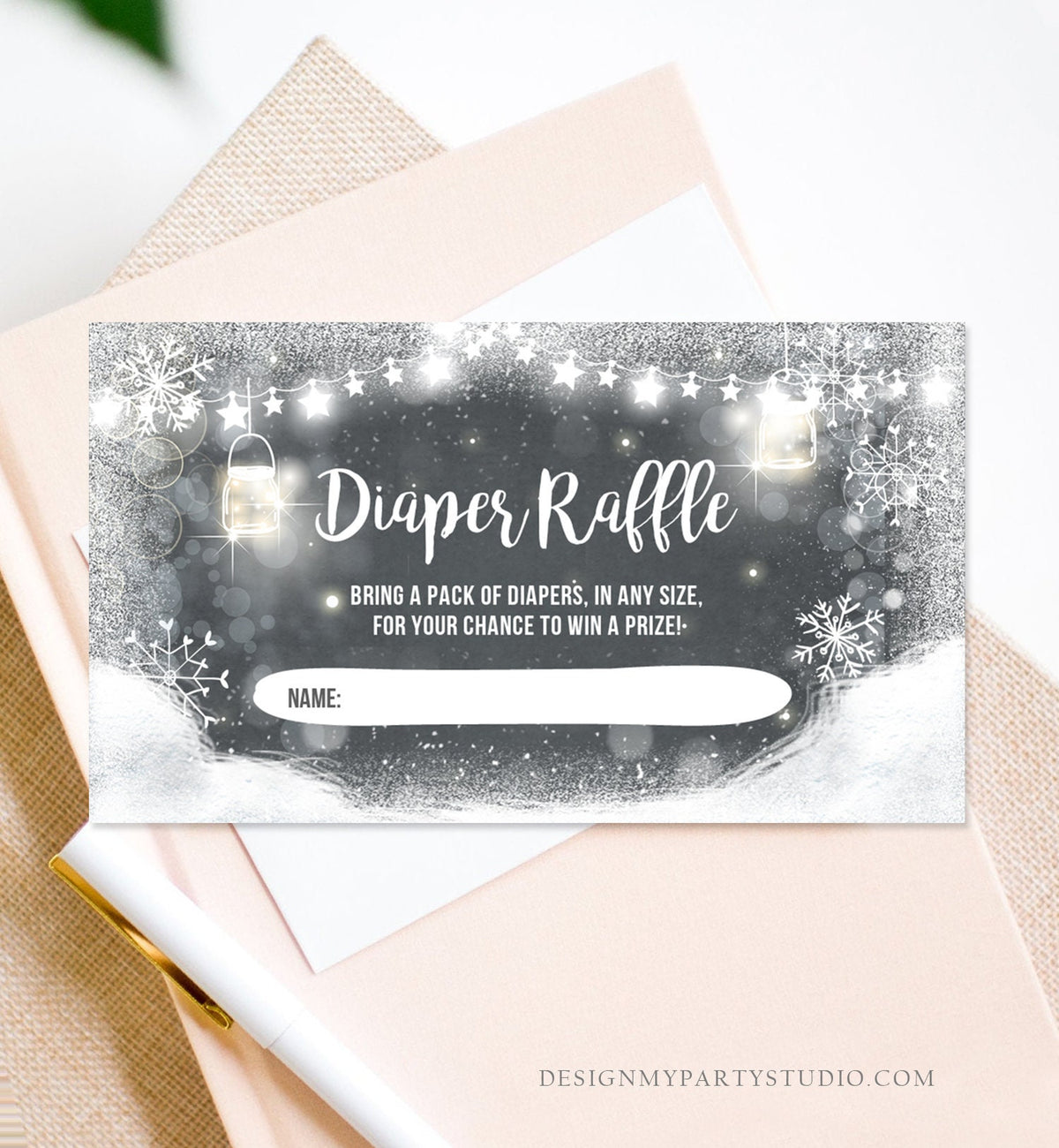 Editable Diaper Raffle Ticket Diaper Game Card Baby It&#39;s Cold Outside Winter Snowflakes Gold Silver Download Template Corjl Printable 0031