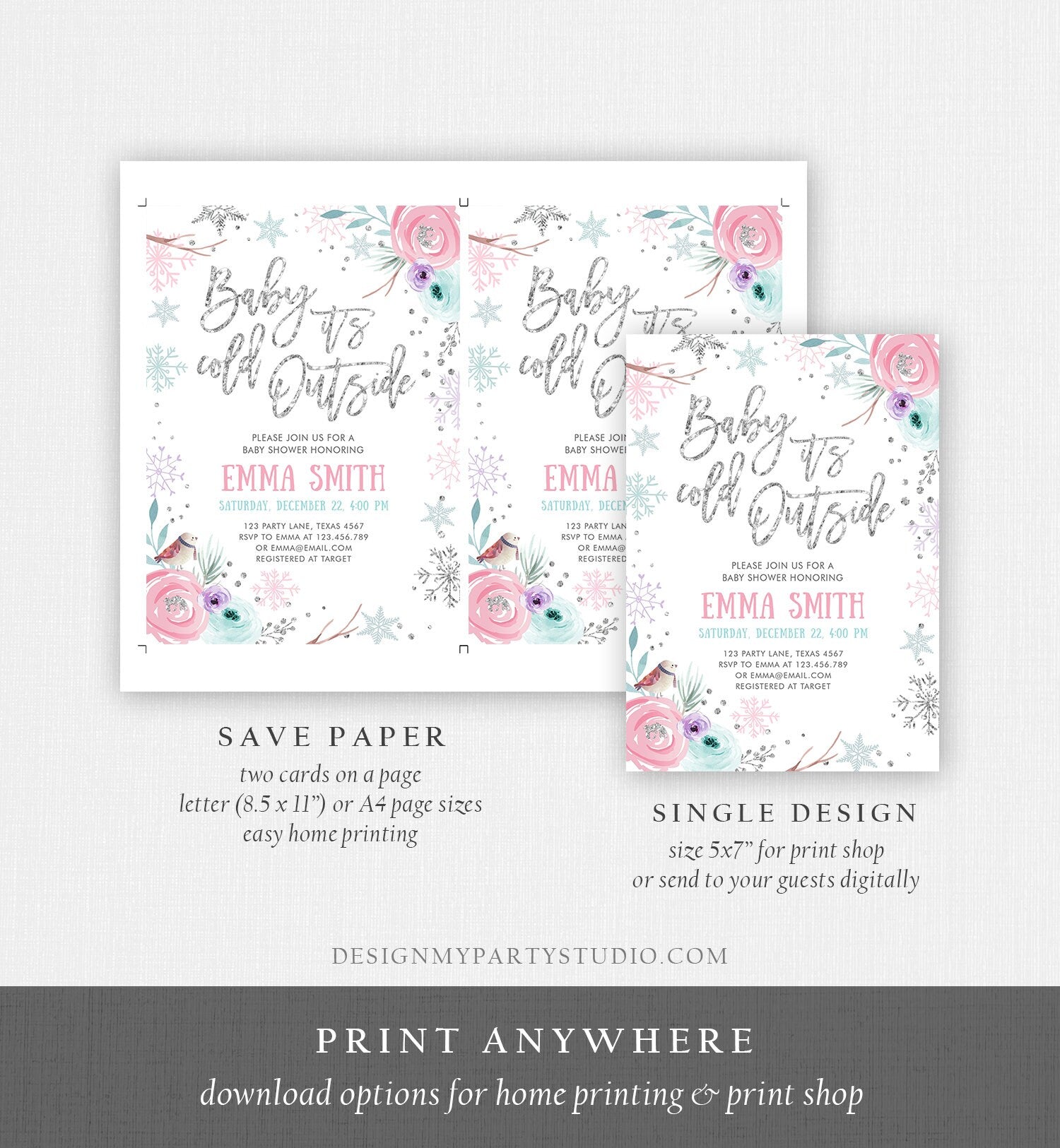 Editable Baby It's Cold Outside Winter Baby Shower Invitation Snowflakes Gender Neutral Pink Girl Template Instant Download Corjl 0256