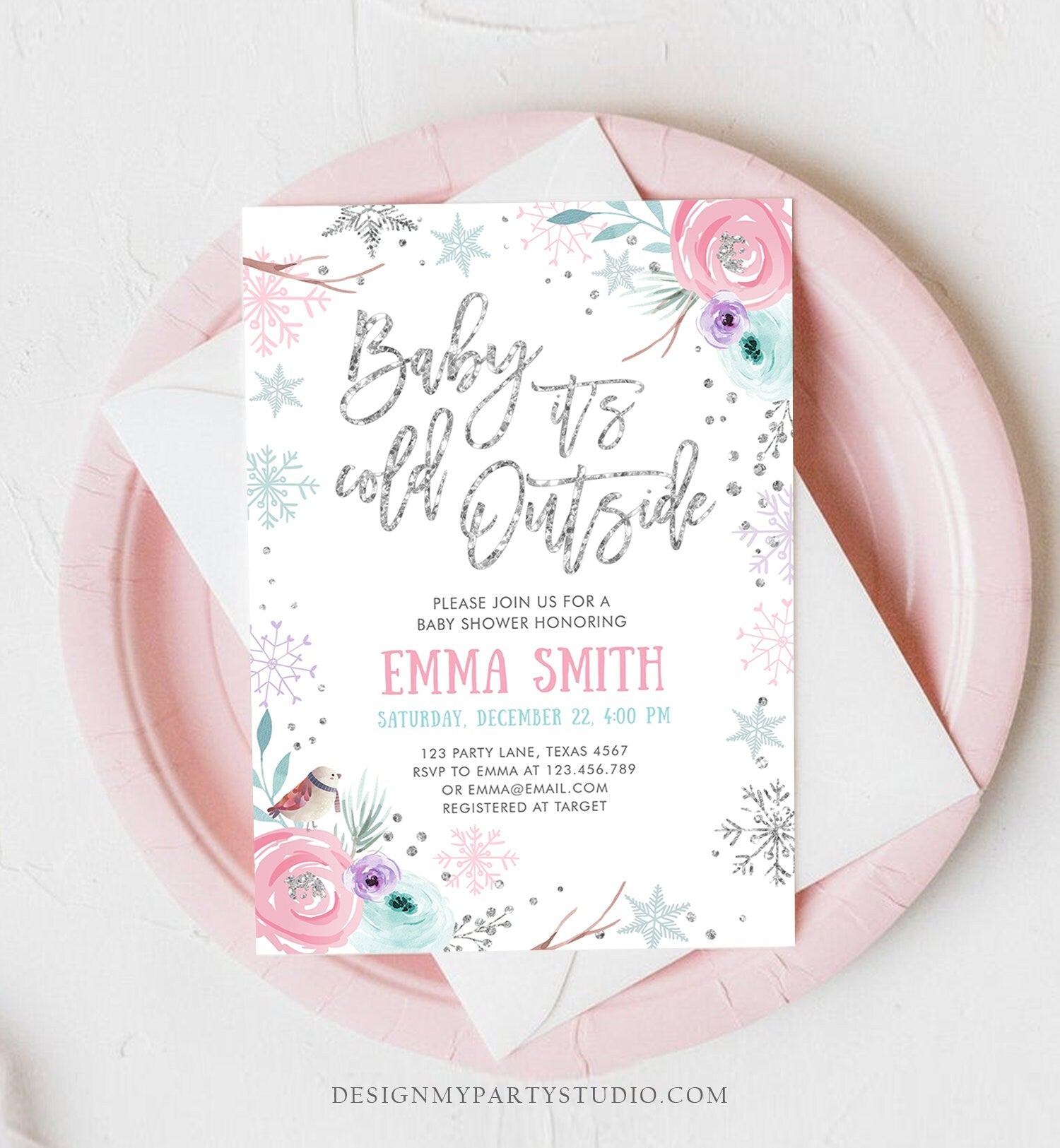 Editable Baby It's Cold Outside Winter Baby Shower Invitation Snowflakes Gender Neutral Pink Girl Template Instant Download Corjl 0256