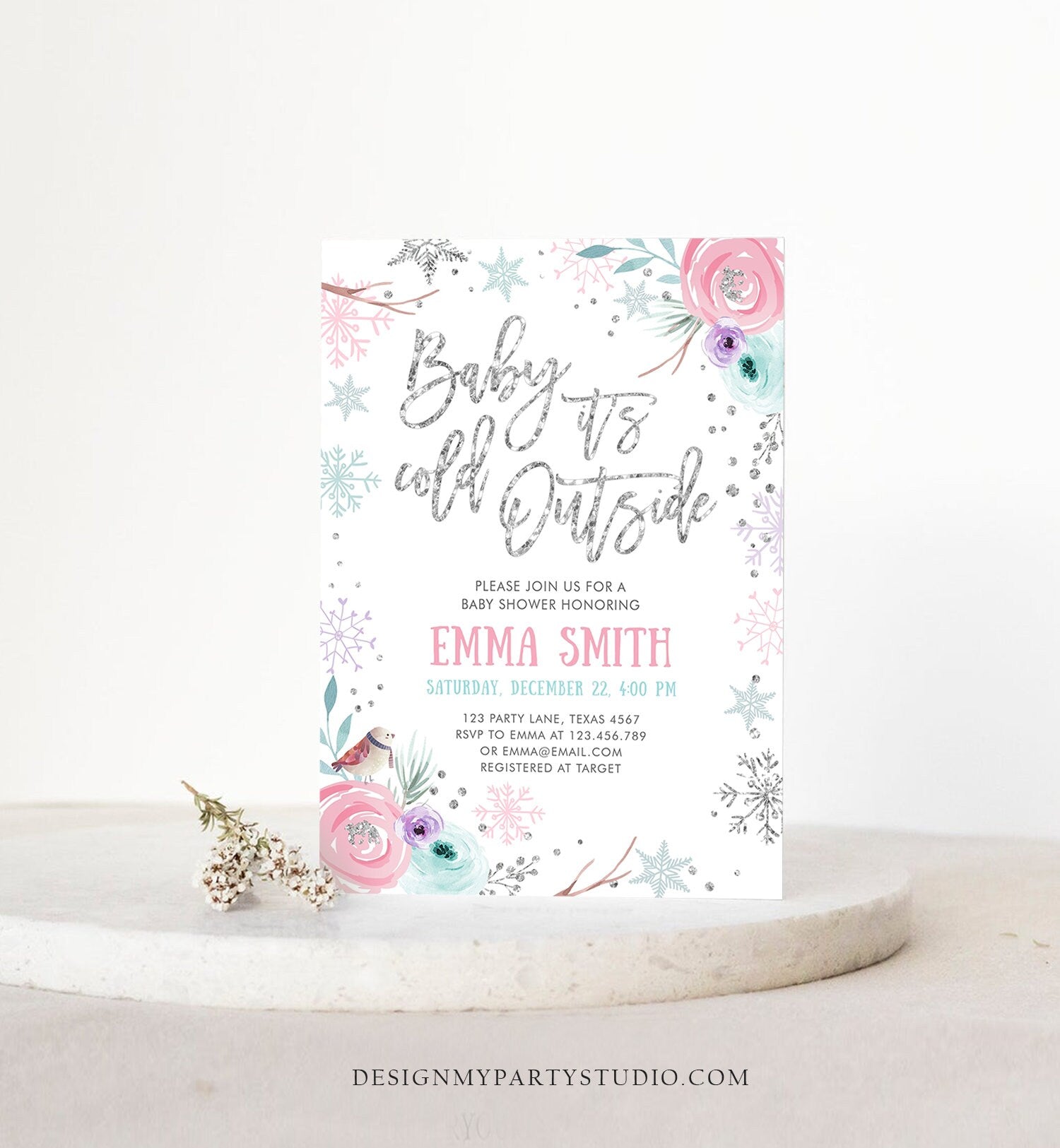 Editable Baby It's Cold Outside Winter Baby Shower Invitation Snowflakes Gender Neutral Pink Girl Template Instant Download Corjl 0256