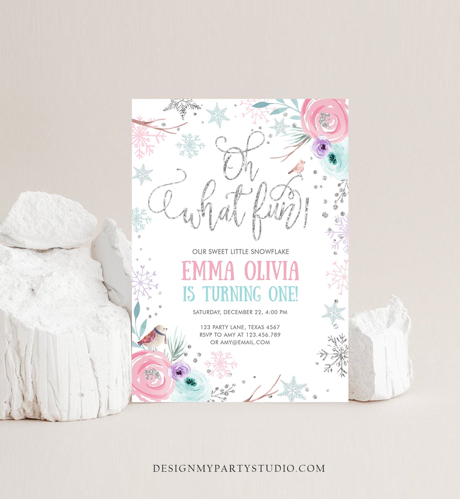 Editable Oh What Fun Birthday Invitation Winter Onederland First Birthday Snowflake Pink Silver Purple Floral Printable Template Corjl 0256