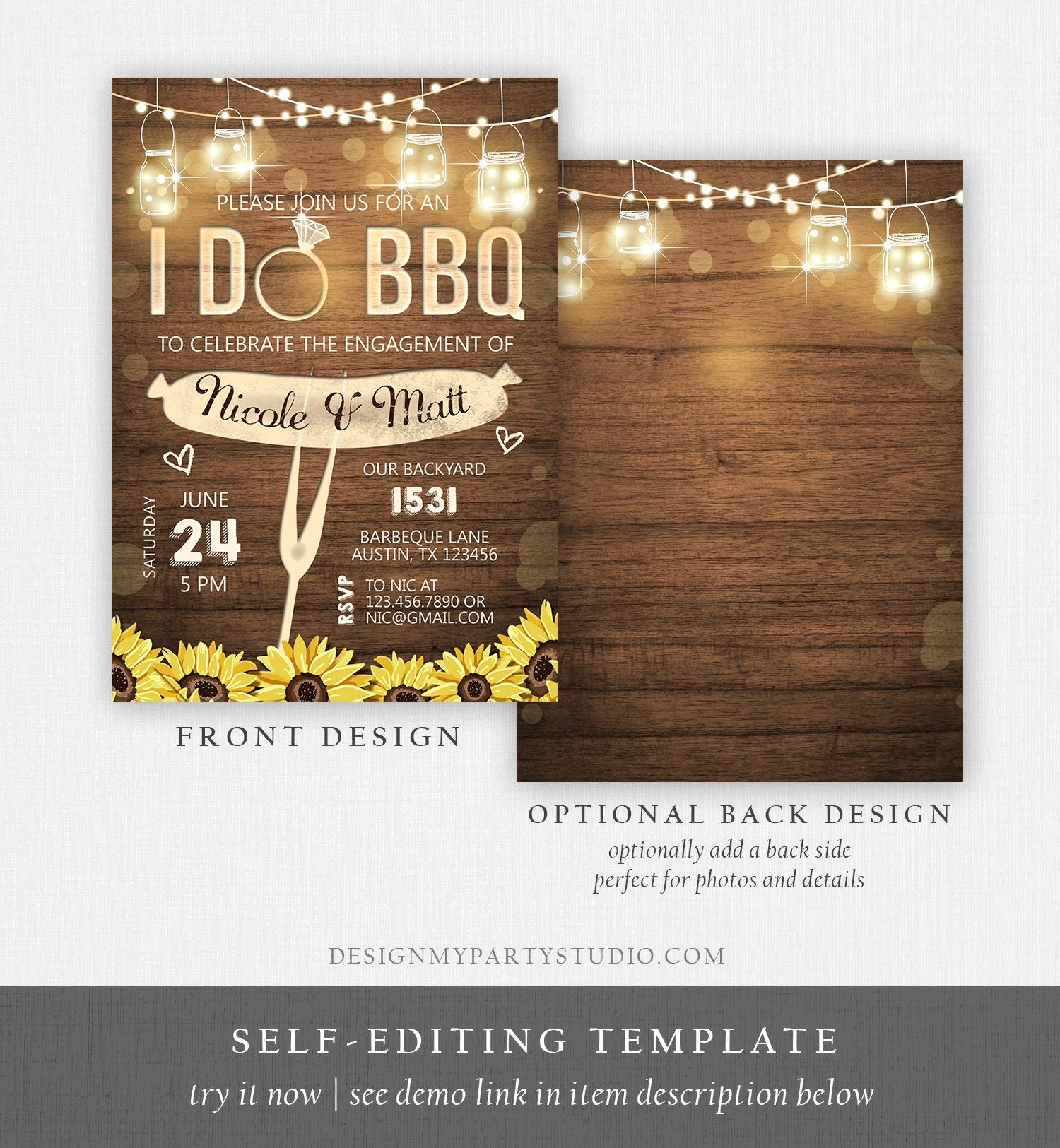 Editable I Do BBQ Invitation Couples Shower Invite Engagement Party Rustic Wood Lights Sunflowers Printable Template Corjl Digital 0015