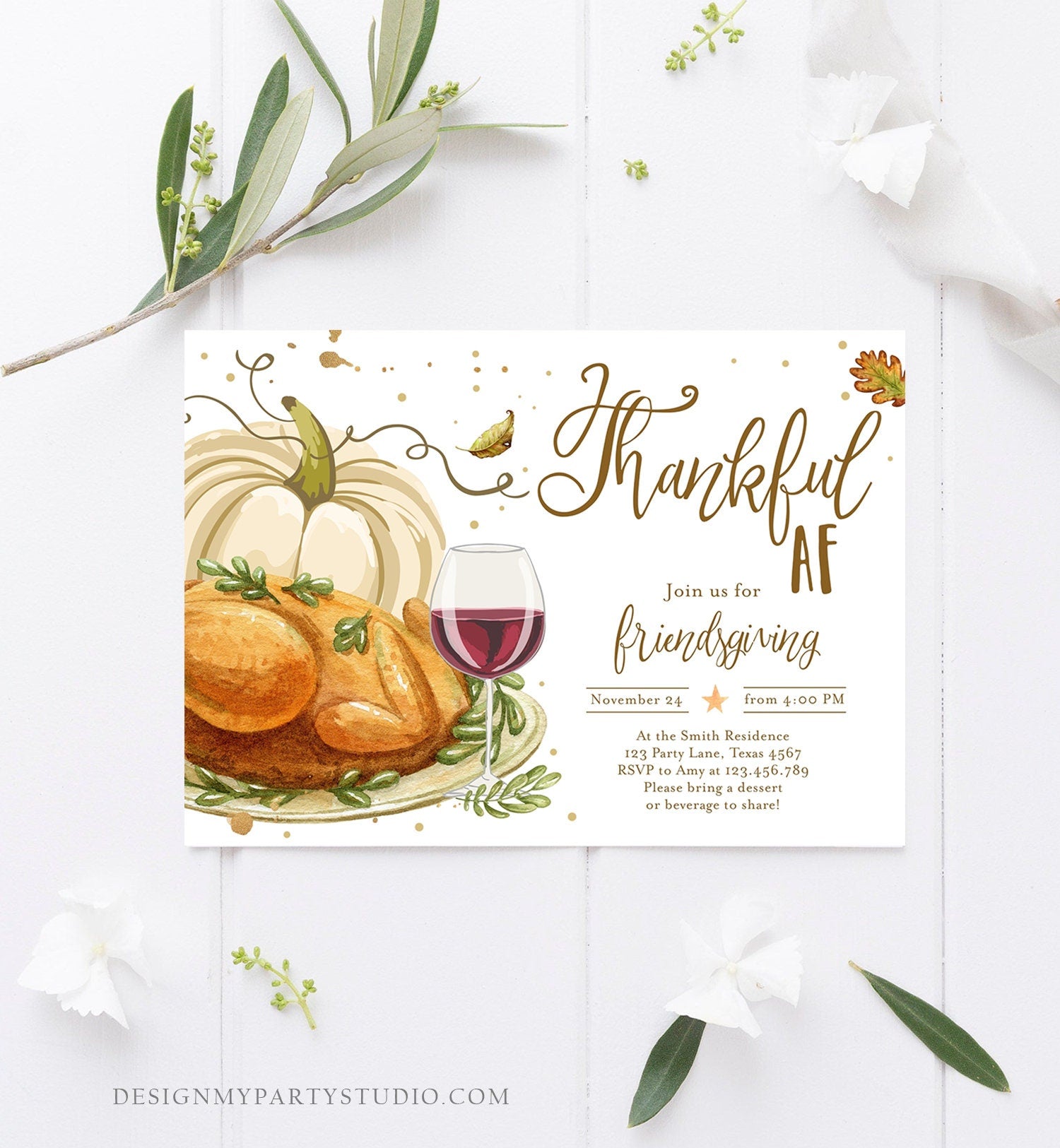 Editable Friendsgiving Invitation Rustic Turkey Thanksgiving Potluck Invite Thankful AF Friends Printable Template Corjl 0361