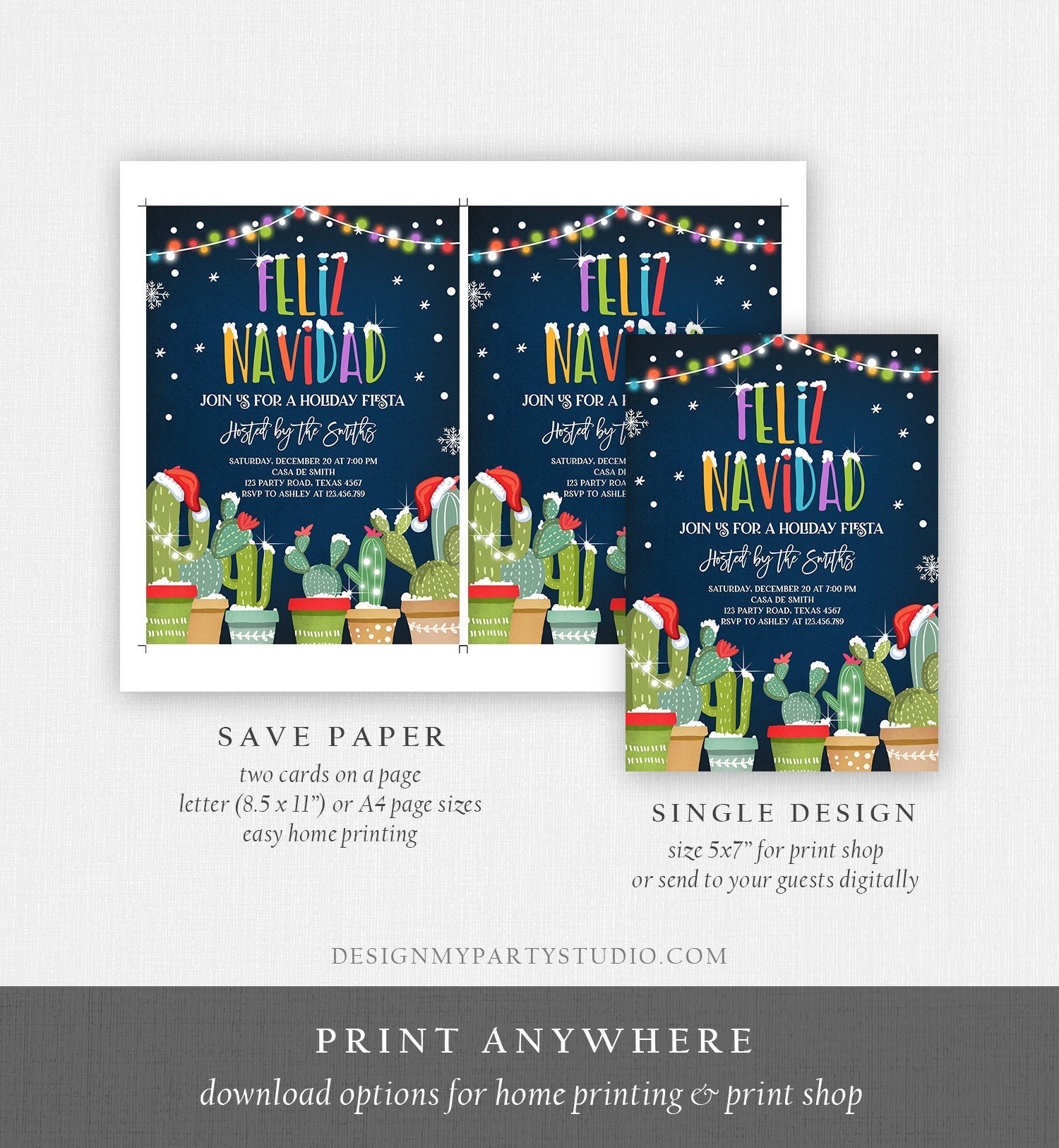 Editable Feliz Navidad Fiesta Christmas Invitation Cactus Mexican Holiday Xmas Party Santa Invite Digital Printable Corjl Template 0273