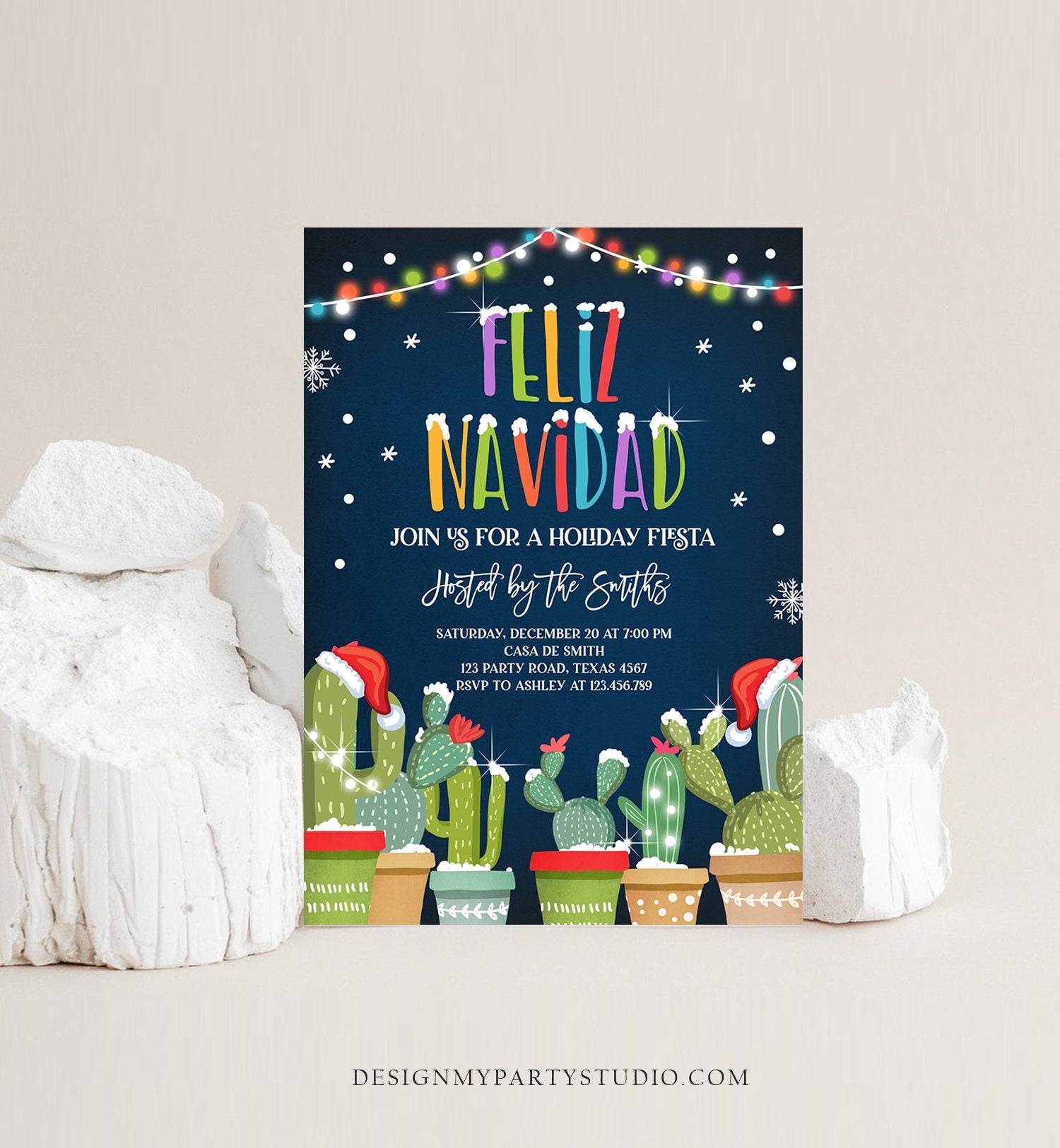 Editable Feliz Navidad Fiesta Christmas Invitation Cactus Mexican Holiday Xmas Party Santa Invite Digital Printable Corjl Template 0273