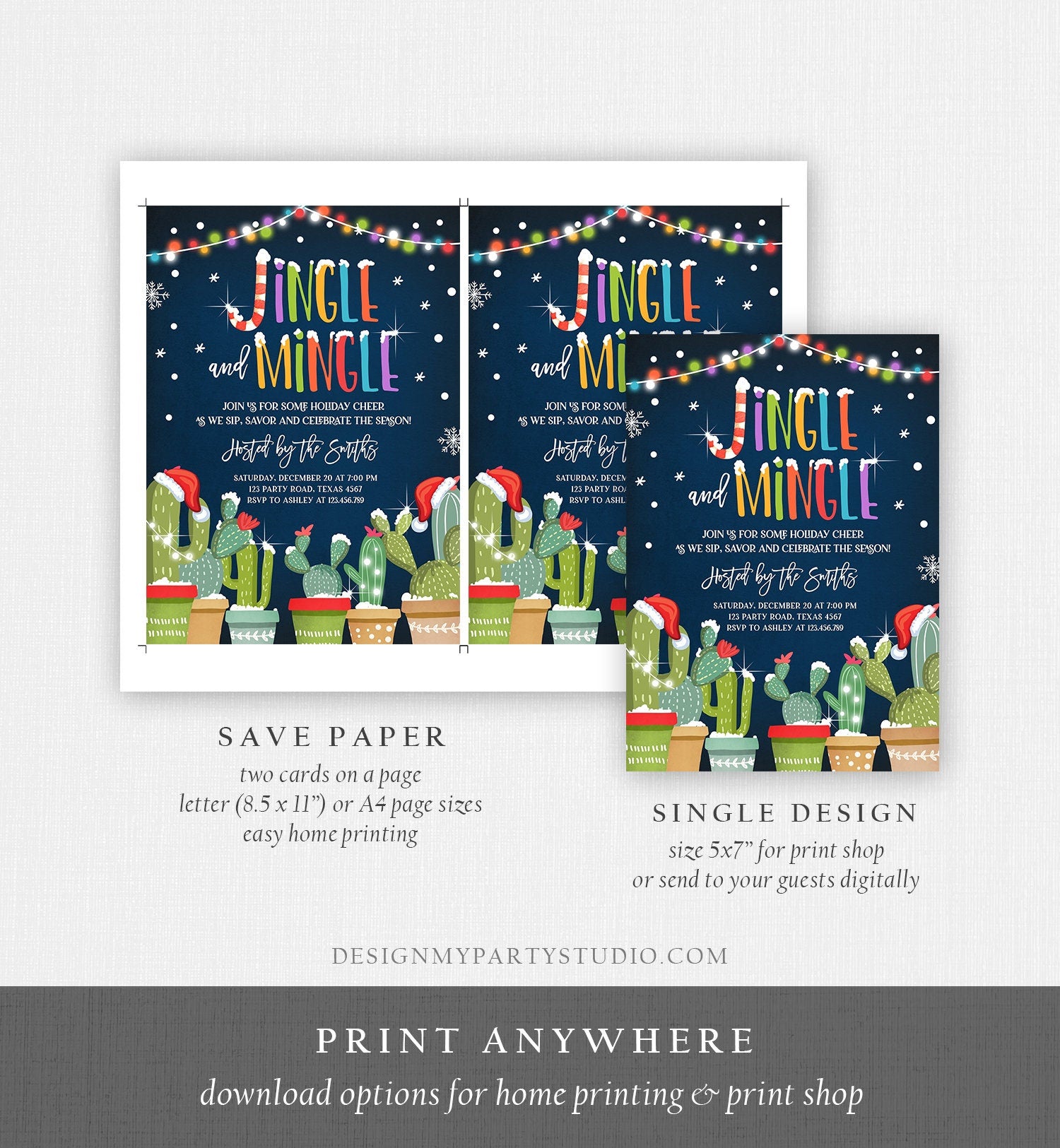 Editable Jingle Mingle Invitation Christmas Fiesta Cocktail Party Cactus Mexican Holiday Feliz Navidad Digital Printable Corjl Template 0273