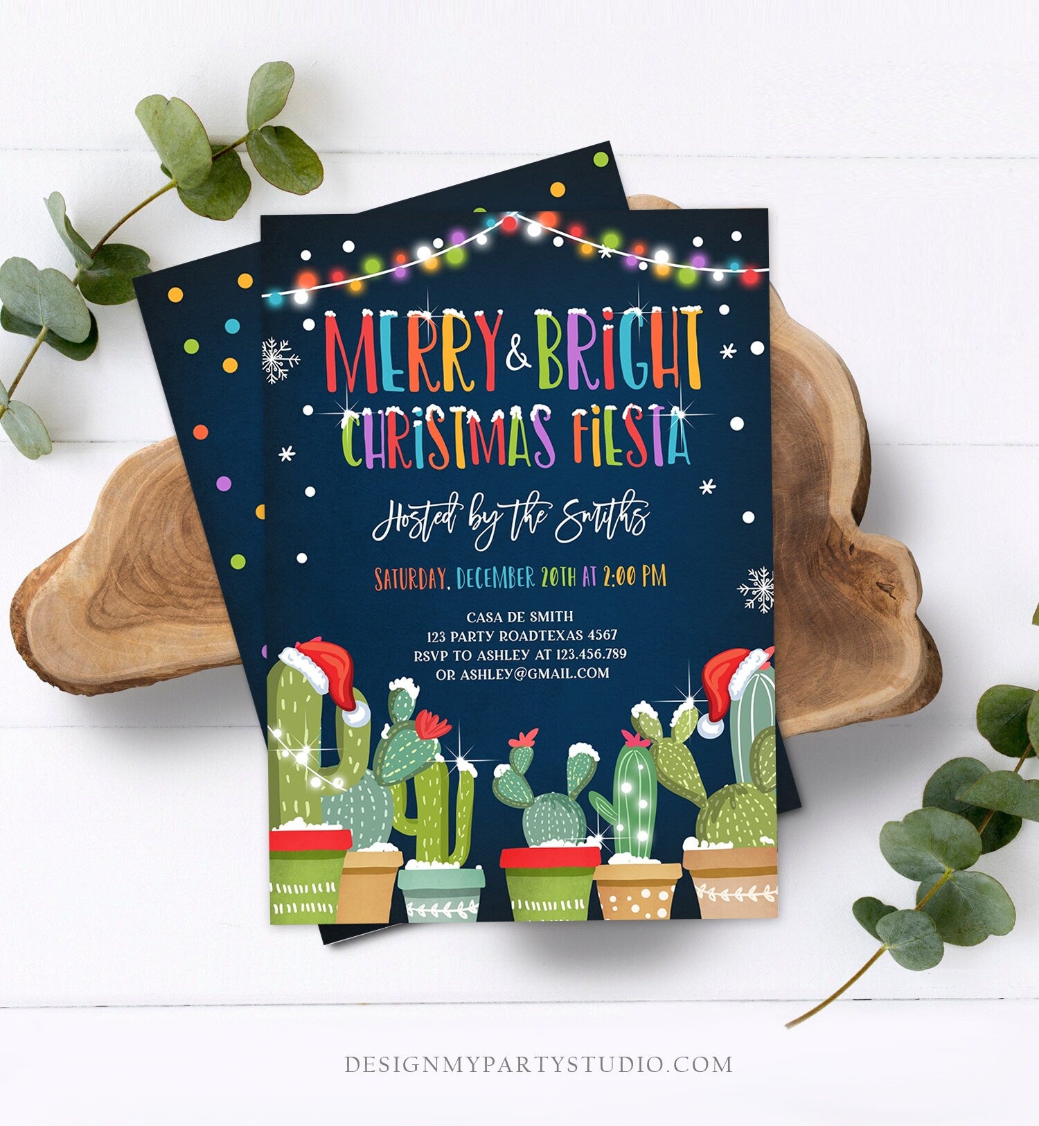 Editable Merry and Bright Christmas Fiesta Invitation Cactus Mexican Holiday Feliz Navidad Invite Digital Printable Corjl Template 0273