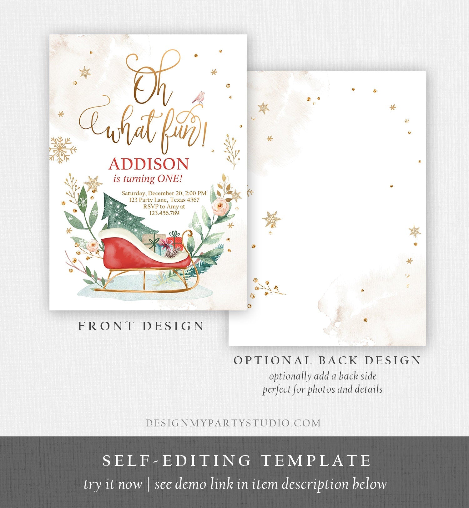 Editable Oh What Fun! Holiday 1st Winter Birthday Invitation Winter Christmas Party Sleigh Tree Neutral Red Gold Printable Template DIY 0353