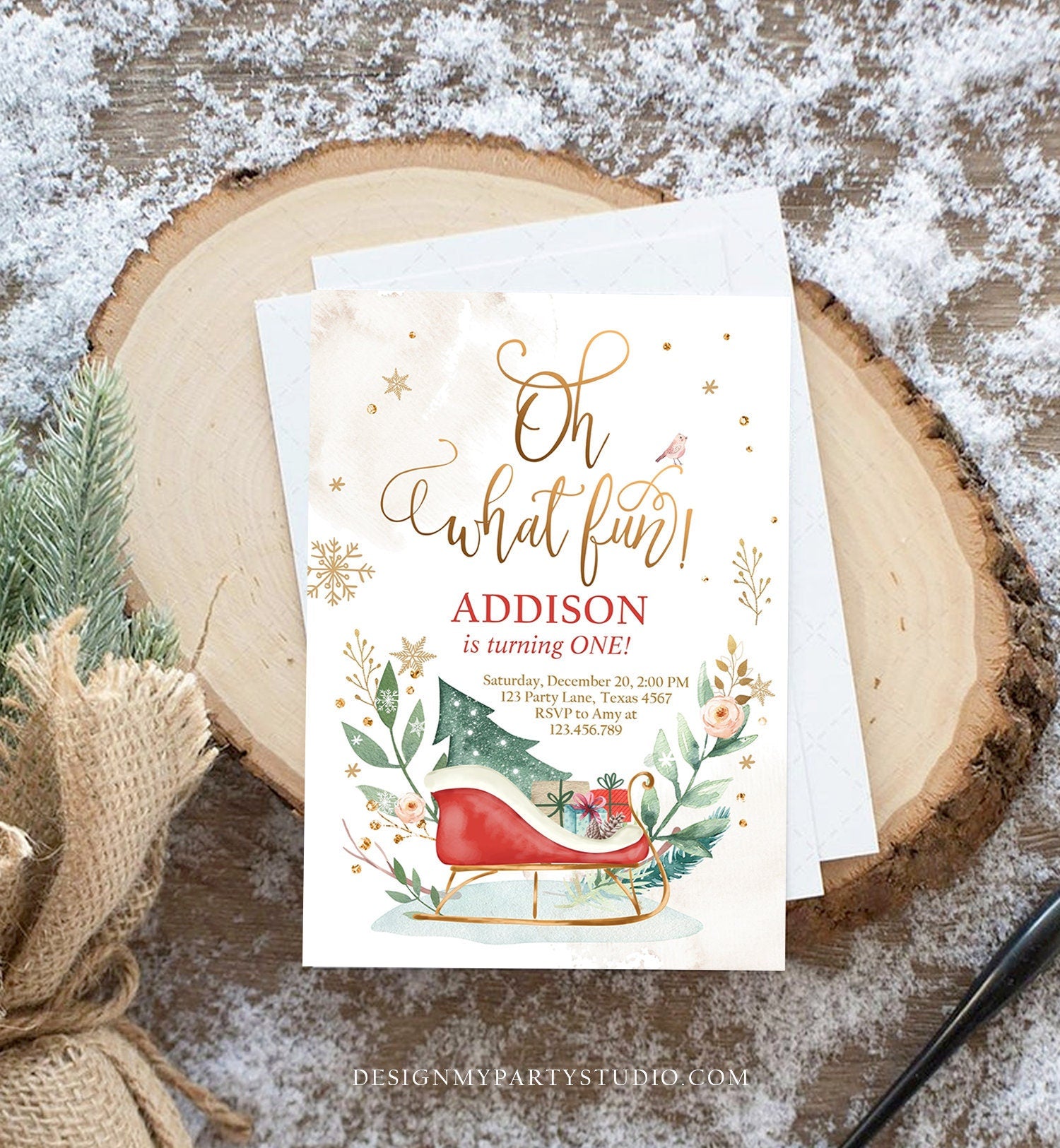 Editable Oh What Fun! Holiday 1st Winter Birthday Invitation Winter Christmas Party Sleigh Tree Neutral Red Gold Printable Template DIY 0353