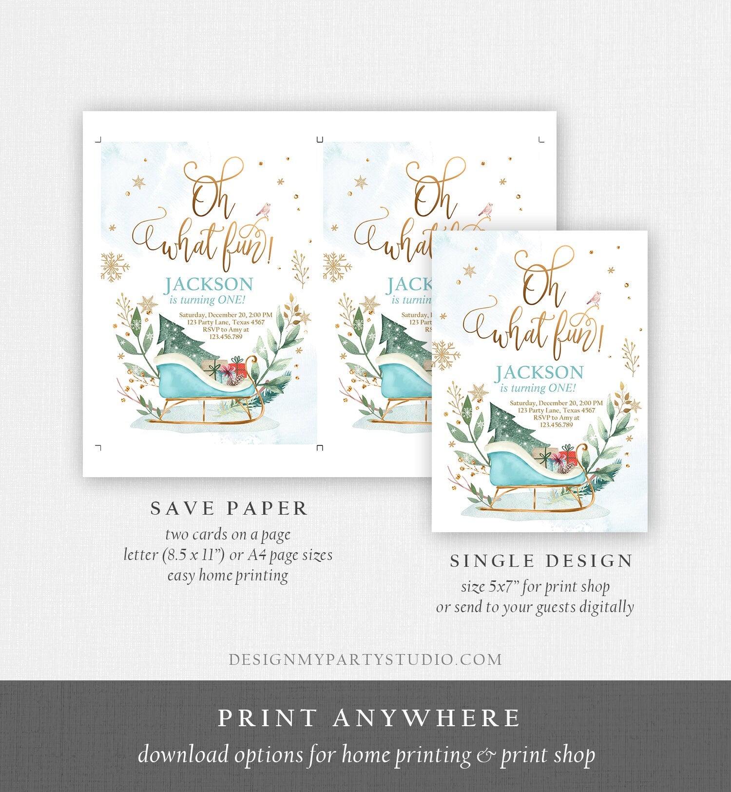 Editable Oh What Fun! Holiday 1st Winter Birthday Invitation Winter Christmas Party Sleigh Trees Boy Blue Gold Printable Template DIY 0353