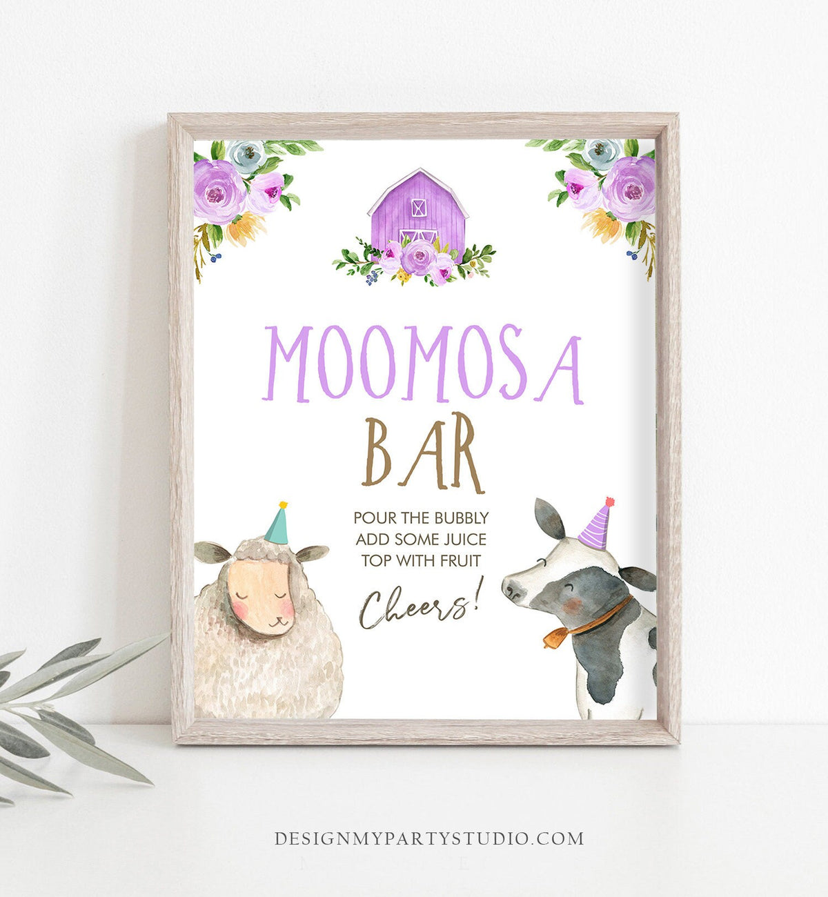 Moomosa Bar Farm Birthday Party Sign Mimosa Bar Sign Table Decor Barnyard Party Farm Animals Purple Girl Lavender Baby ShowerPRINTABLE 0155