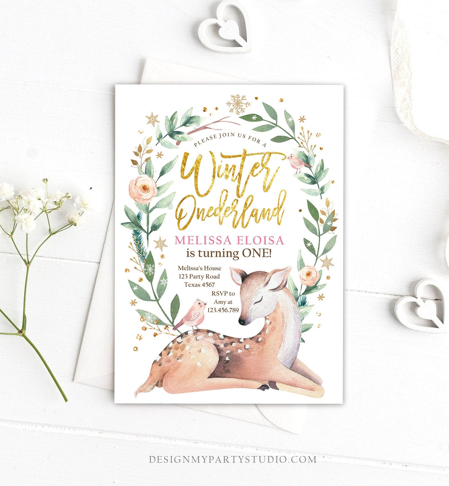 Editable Winter ONEderland Birthday Invitation Deer First Birthday Snowflakes Girl Pink Gold Foil Printable Invitation Template Corjl 0265