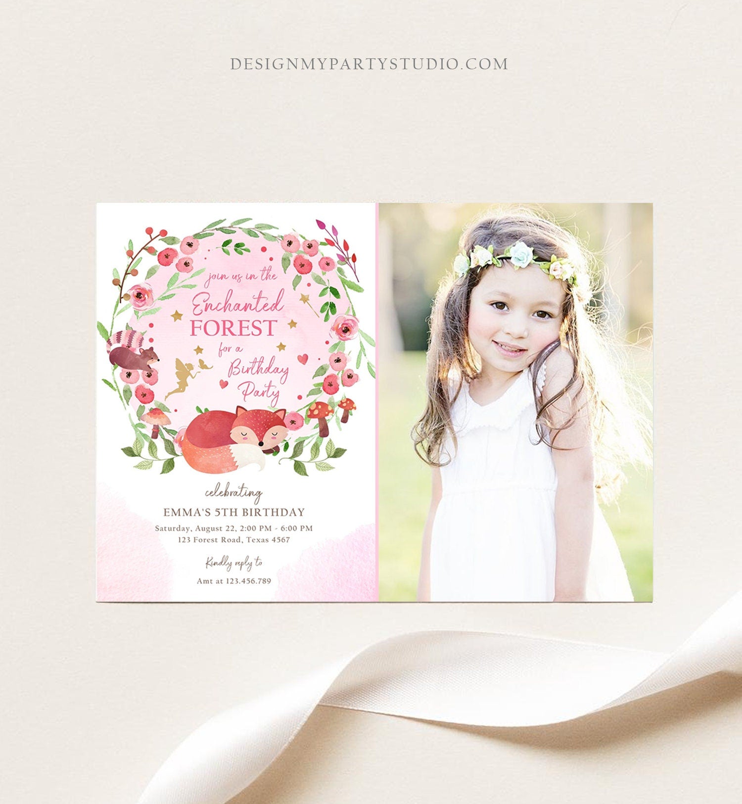 Editable Enchanted Forest Birthday Invitations Woodland Fairy Party Invite Girl Pink Fairies Toadstool Printable Template Digital Corjl 0173