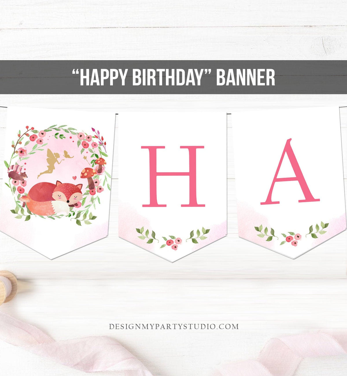 Happy Birthday Banner Woodland Fairy Birthday Banner Magical Enchanted Forest Girl Birthday Decorations Download PRINTABLE DIGITAL DIY 0173