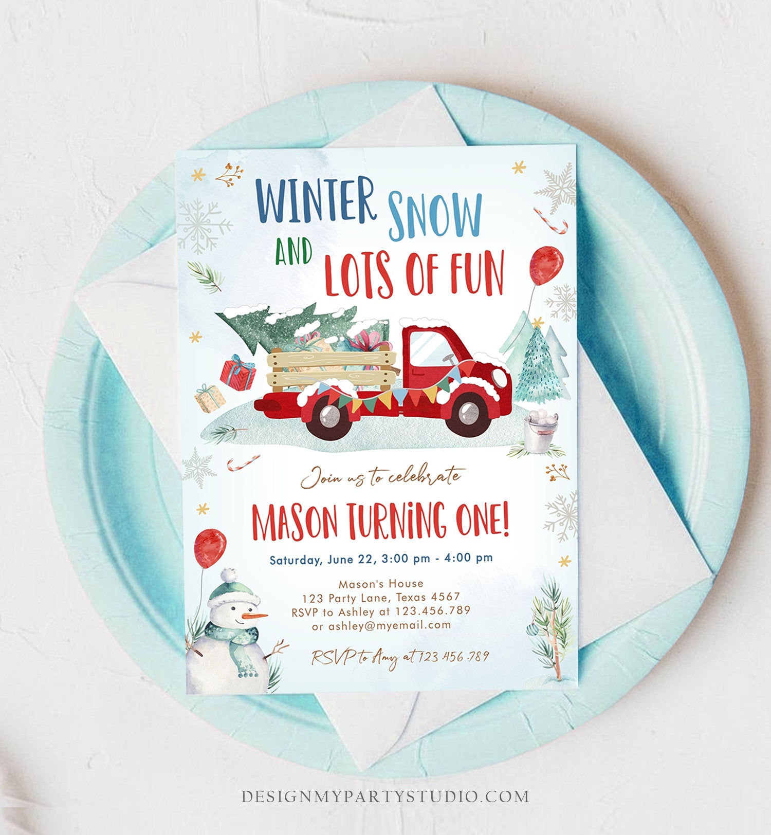 Editable Winter Truck Birthday Invitation Oh What Fun First Birthday One Red Truck Drive By Through Download Corjl Template Printable 0278