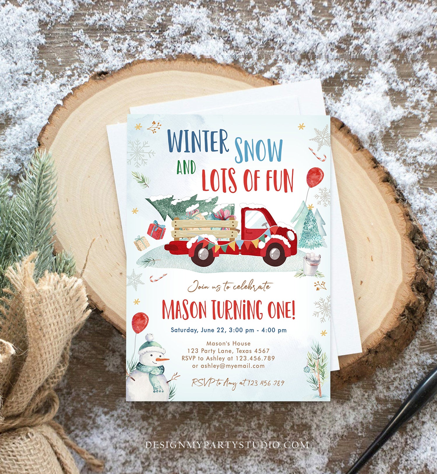 Editable Winter Truck Birthday Invitation Oh What Fun First Birthday One Red Truck Drive By Through Download Corjl Template Printable 0278