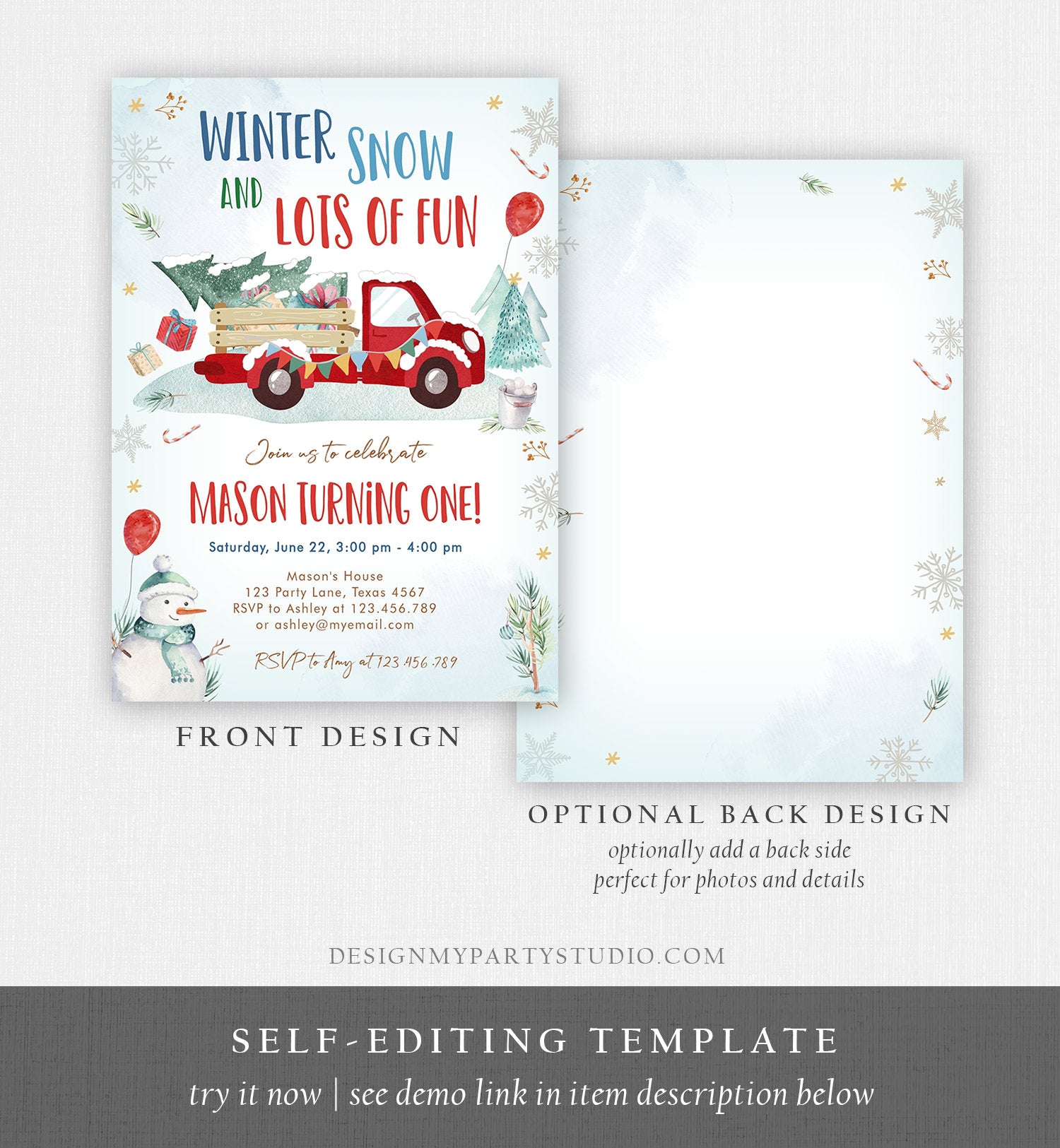 Editable Winter Truck Birthday Invitation Oh What Fun First Birthday One Red Truck Drive By Through Download Corjl Template Printable 0278