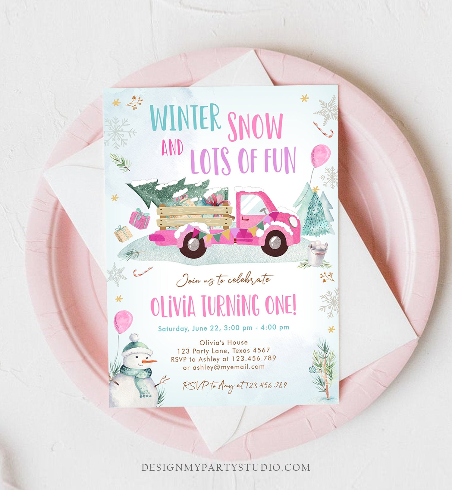 Editable Winter Truck Birthday Invitation Oh What Fun First Birthday One Pink Truck Drive By Through Download Corjl Template Printable 0278