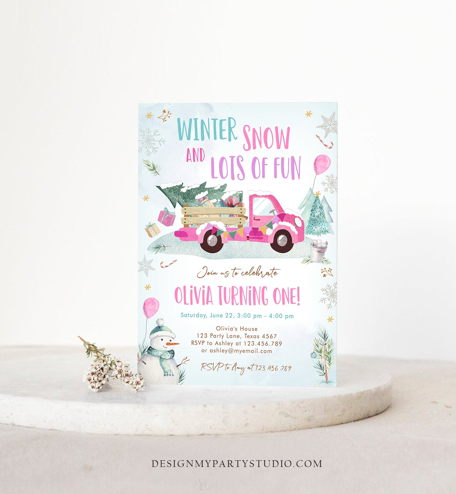 Editable Winter Truck Birthday Invitation Oh What Fun First Birthday One Pink Truck Drive By Through Download Corjl Template Printable 0278