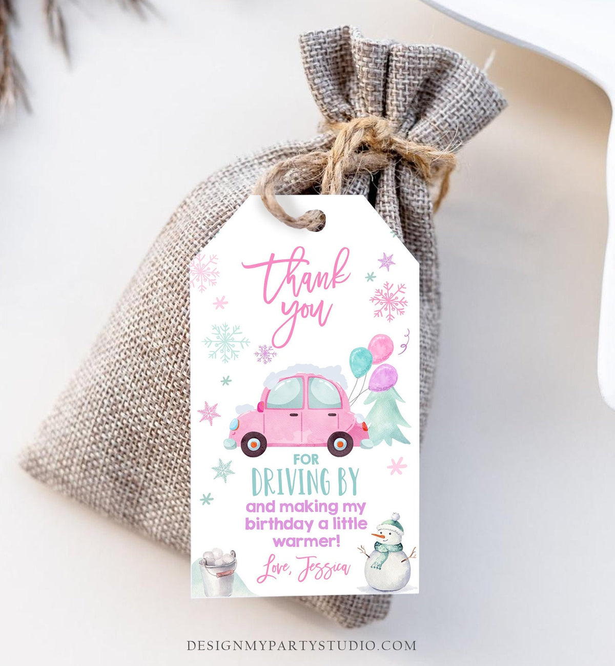 Editable Winter Drive By Favor Tag Drive By Birthday Party Parade Thank You Gift Tags Quarantine Pink Car Girl Corjl Template Printable 0333