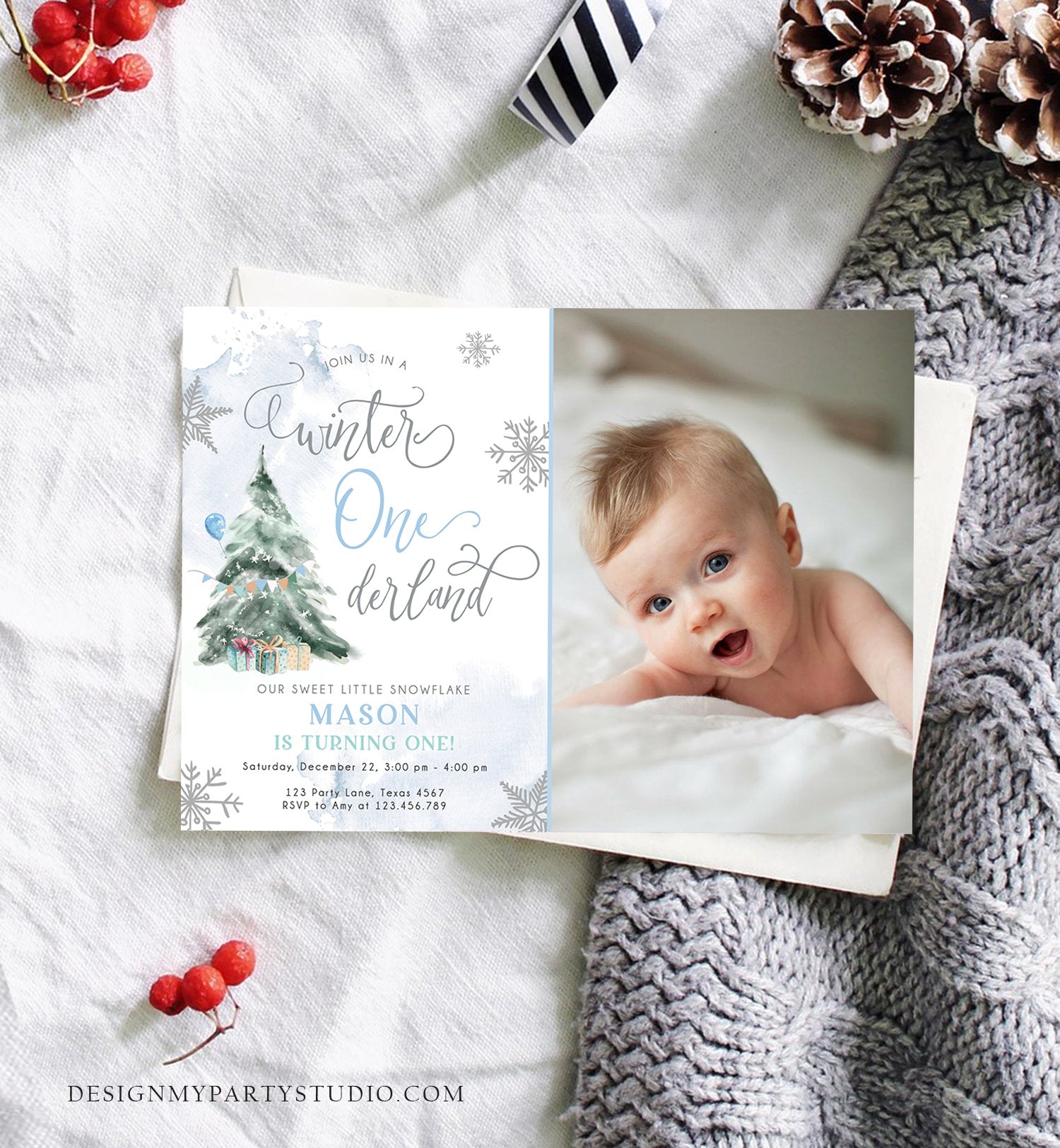 Editable Winter ONEderland Birthday Invitation First Birthday 1st Boy Blue Grey Snow Watercolor Tree Christmas Snowflake Corjl Template 0363