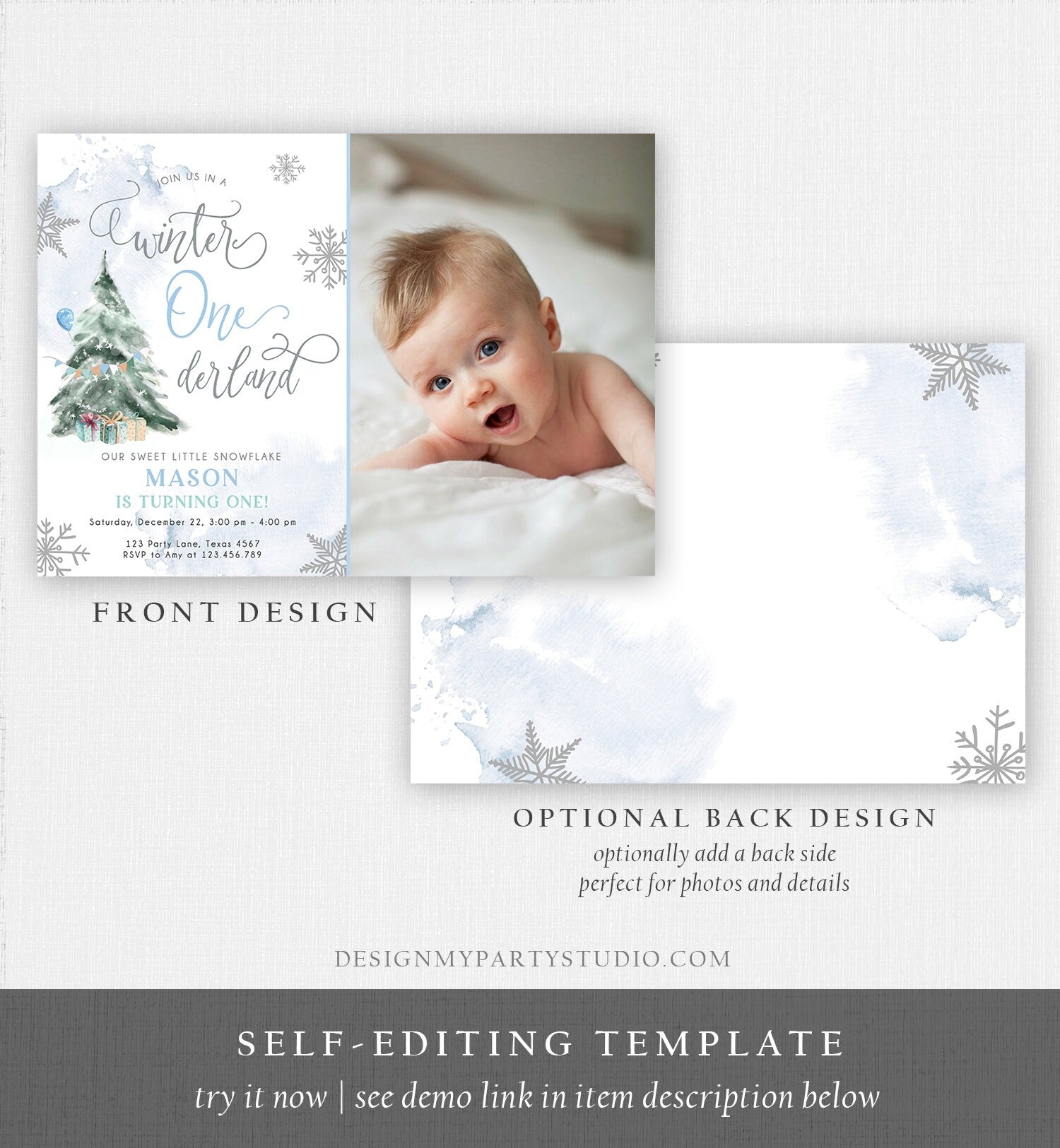 Editable Winter ONEderland Birthday Invitation First Birthday 1st Boy Blue Grey Snow Watercolor Tree Christmas Snowflake Corjl Template 0363