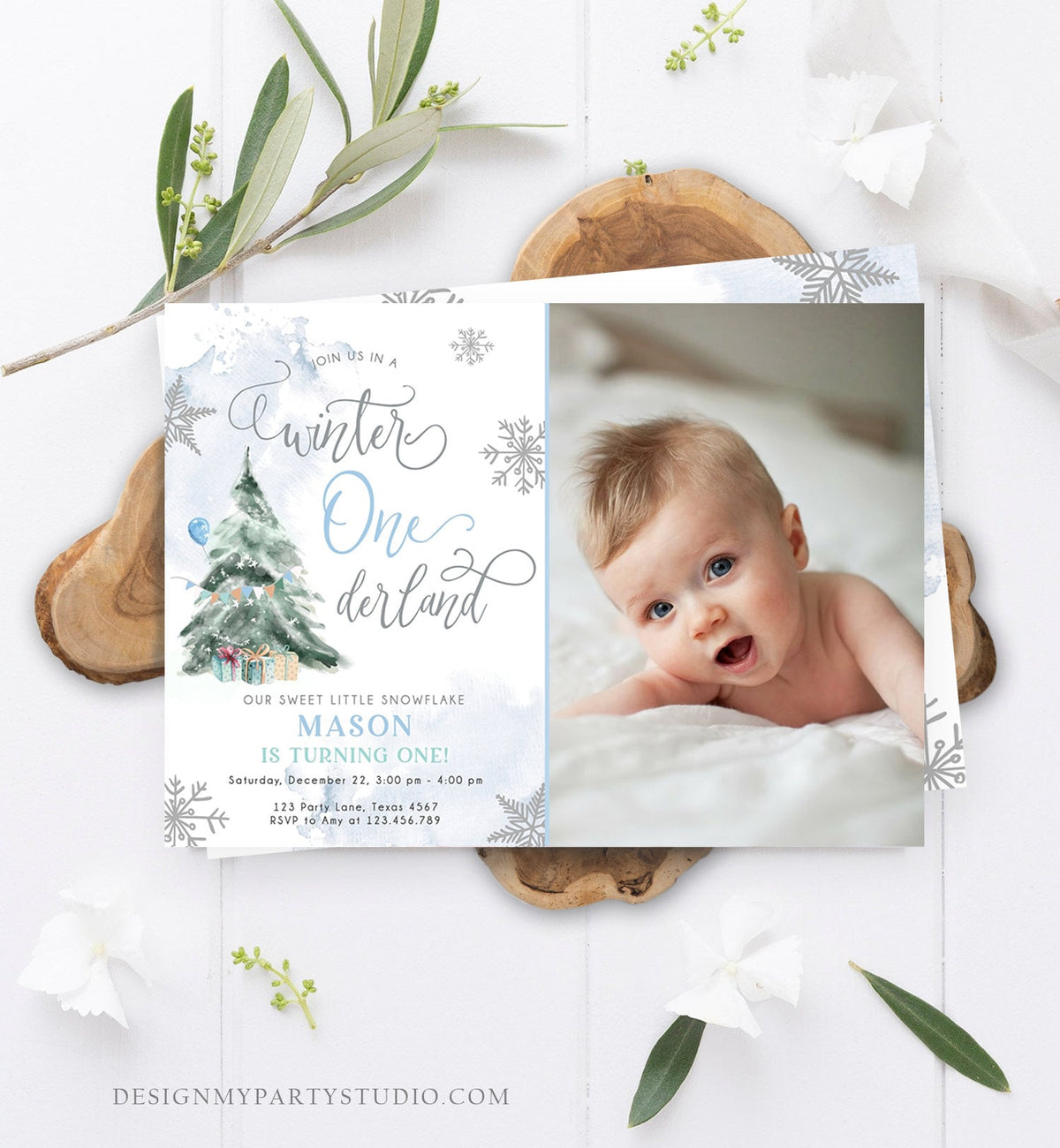 Editable Winter ONEderland Birthday Invitation First Birthday 1st Boy Blue Grey Snow Watercolor Tree Christmas Snowflake Corjl Template 0363