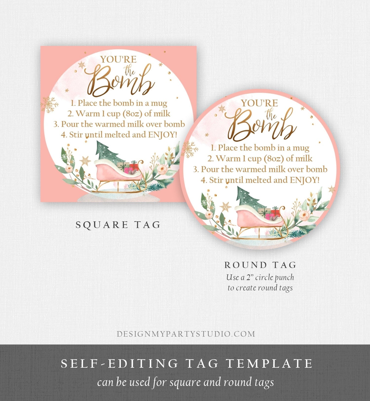 Editable Hot Chocolate Bomb Tags Bomb Instructions Sleigh Cocoa Favor Tags Winter Christmas You're The Bomb Pink Gold Digital PRINTABLE 0353