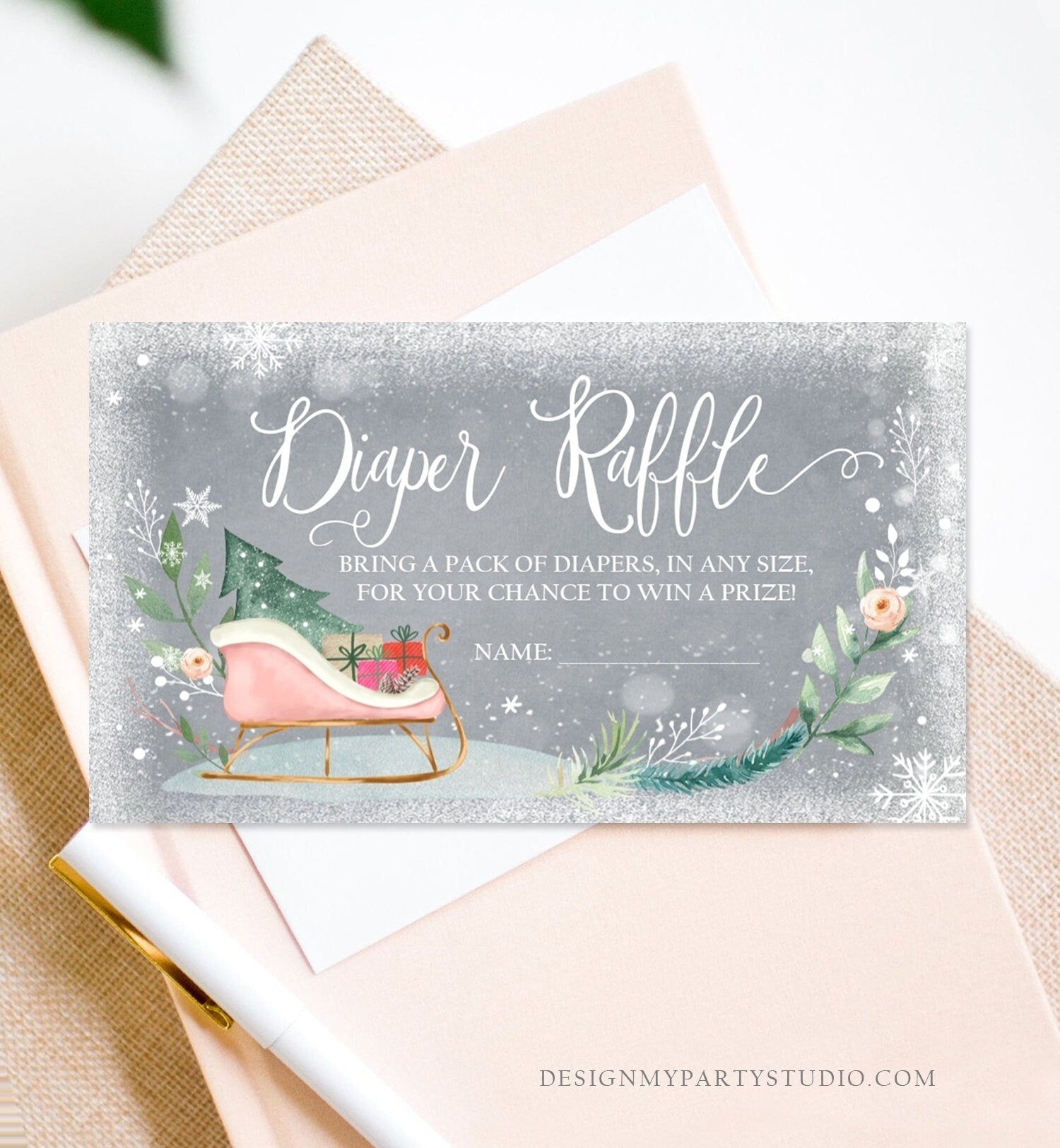 Editable Winter Diaper Raffle Ticket Its Cold Outside Baby shower Diaper Game Sleigh Diaper Ticket Shower Game Template PRINTABLE Corjl 0353