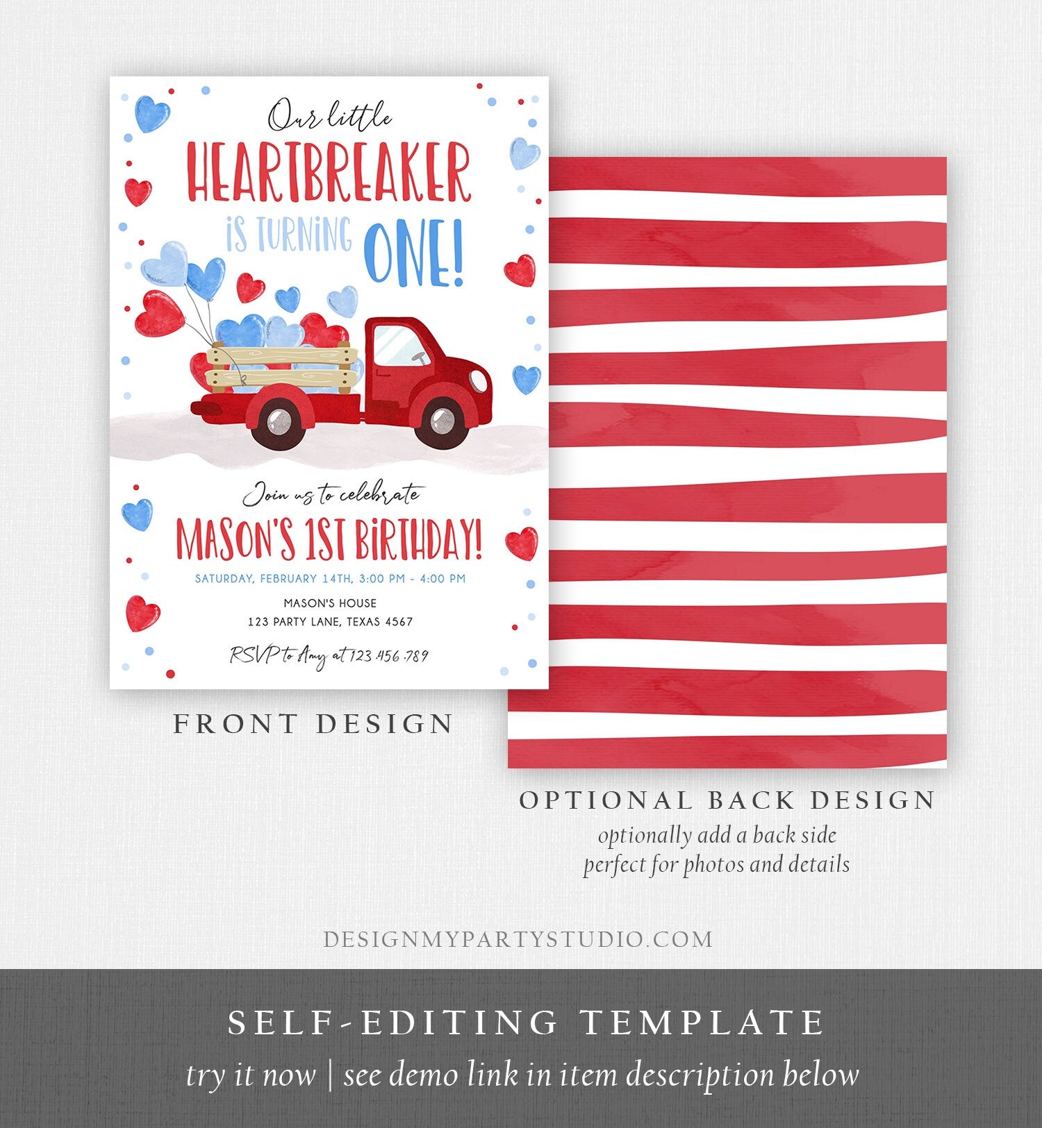 Editable Little Heartbreaker Birthday Invitation Valentine Boy Sweetheart Red Blue First Birthday 1st Download Corjl Template Printable 0365