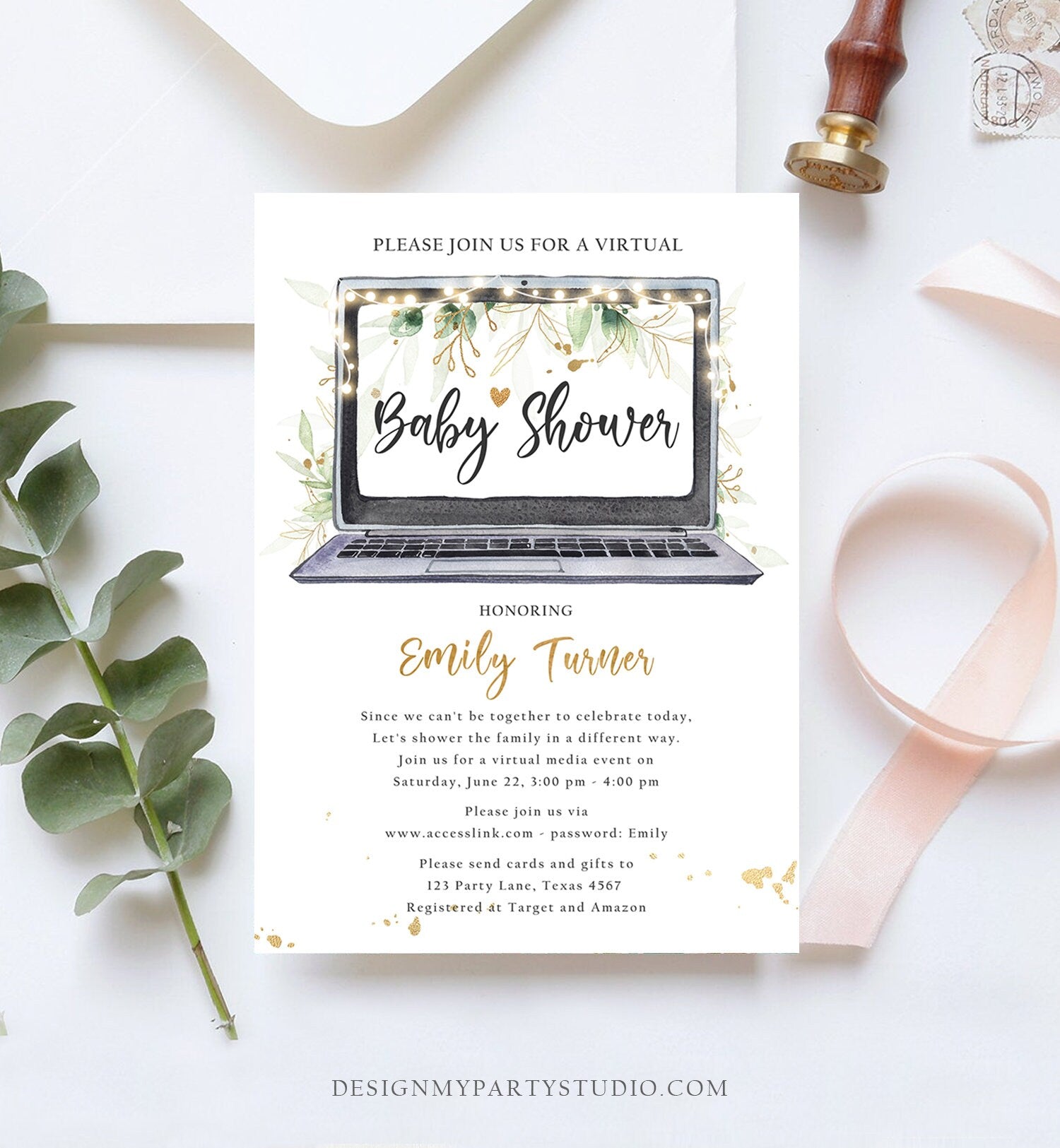 Editable Virtual Baby Shower Invitation Long Distance Quarantine Party Social Distancing Gold Green Floral Greenery Corjl Template 0168