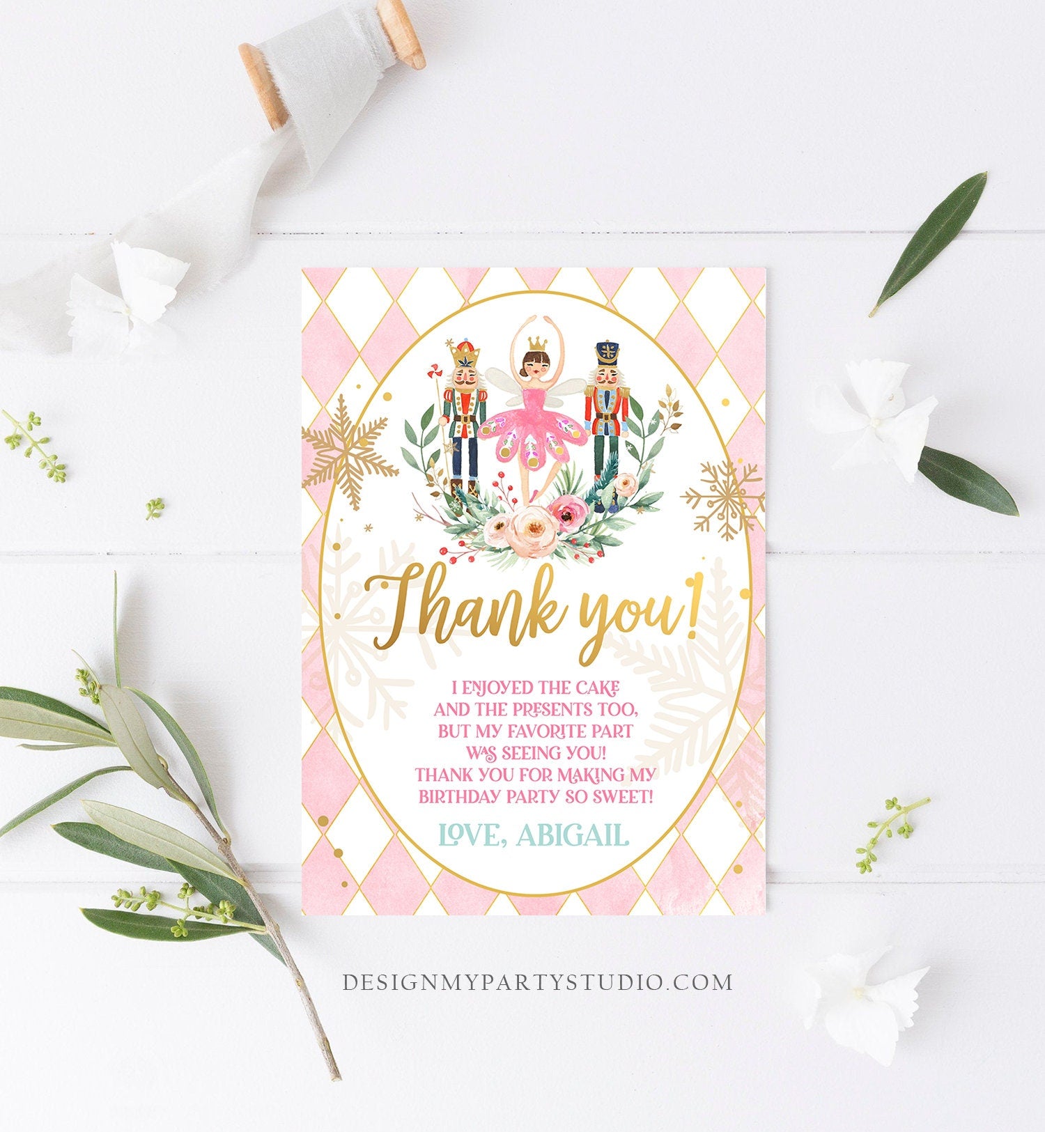 Editable Thank You Card Nutcracker Birthday Land of Sweets Thank You Note Sugar Plum Fairy Girl Pink Gold Label Corjl Template Digital 0352