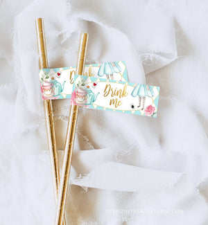 Editable Alice in Wonderland Straw Tag Drink Me Straw Flag Alice in Onederland Mad Tea Party Straw Label Pink Blue Gold Girl Corjl 0350