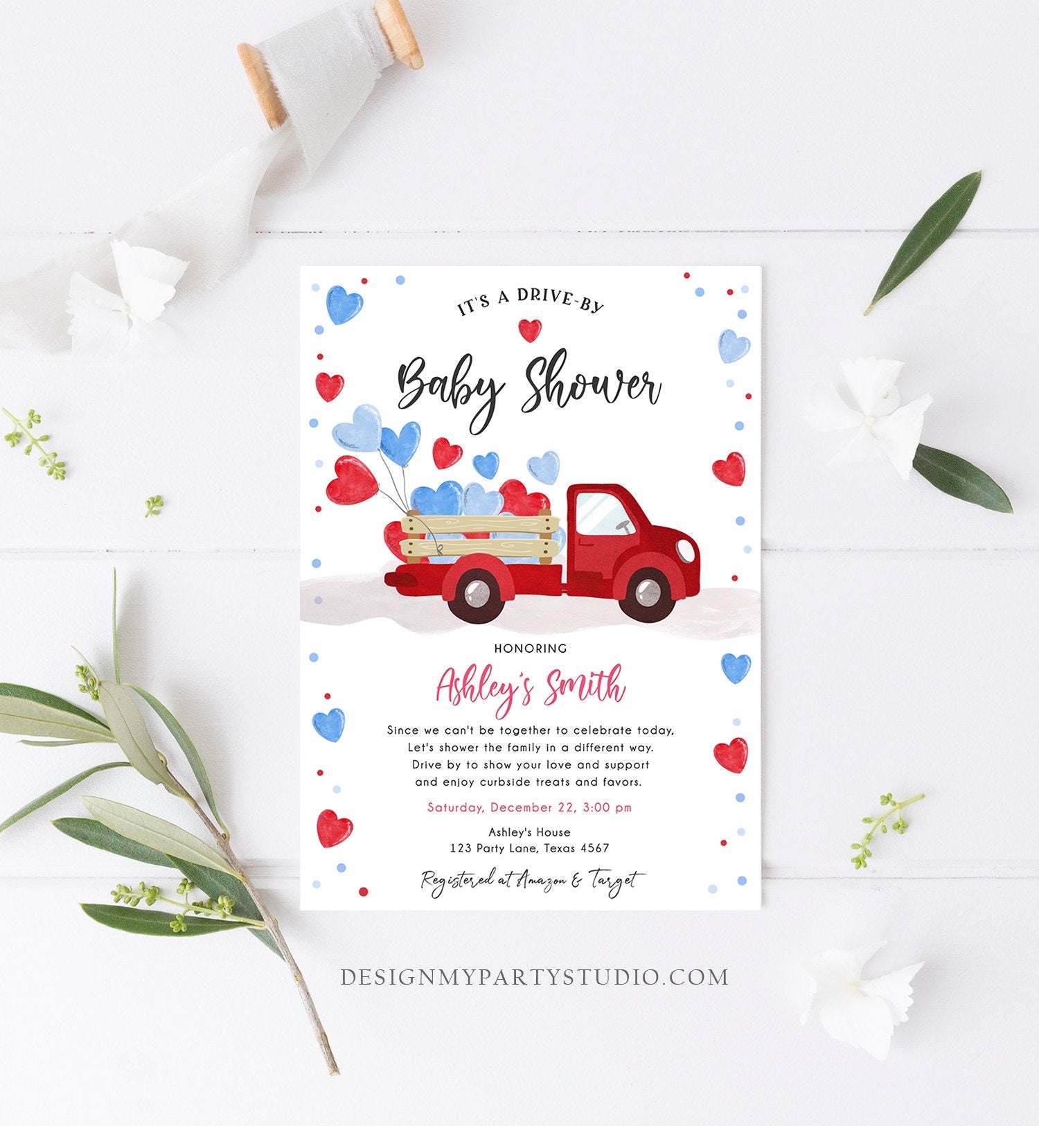 Editable Drive By Little Sweetheart Baby Shower Invitation Valentine Red Blue Boy Hearts Drive Through Truck Corjl Template Printable 0365