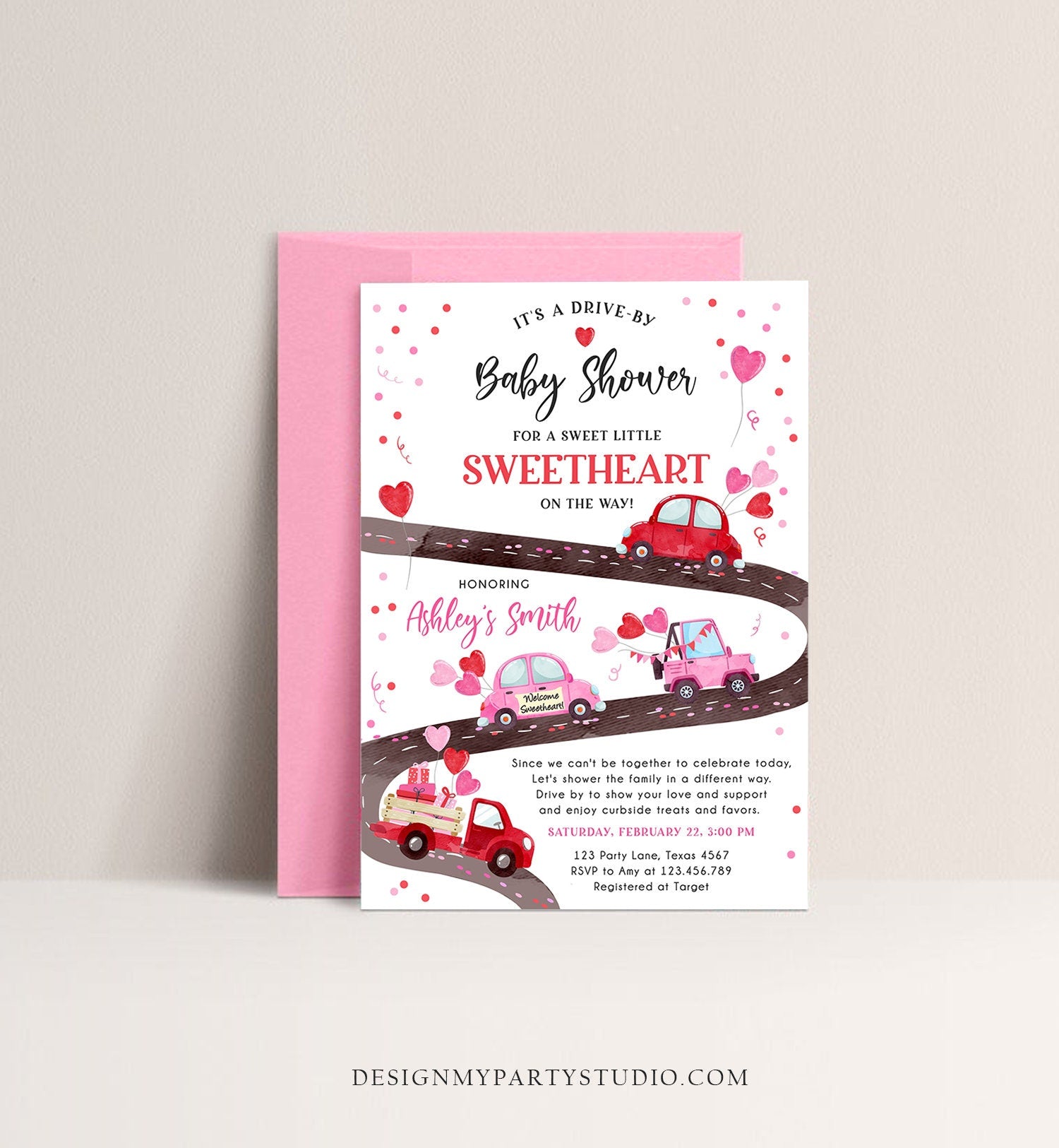 Editable Drive By Little Sweetheart Baby Shower Invitation Valentine Pink Girl Hearts Drive Through Truck Corjl Template Printable 0365