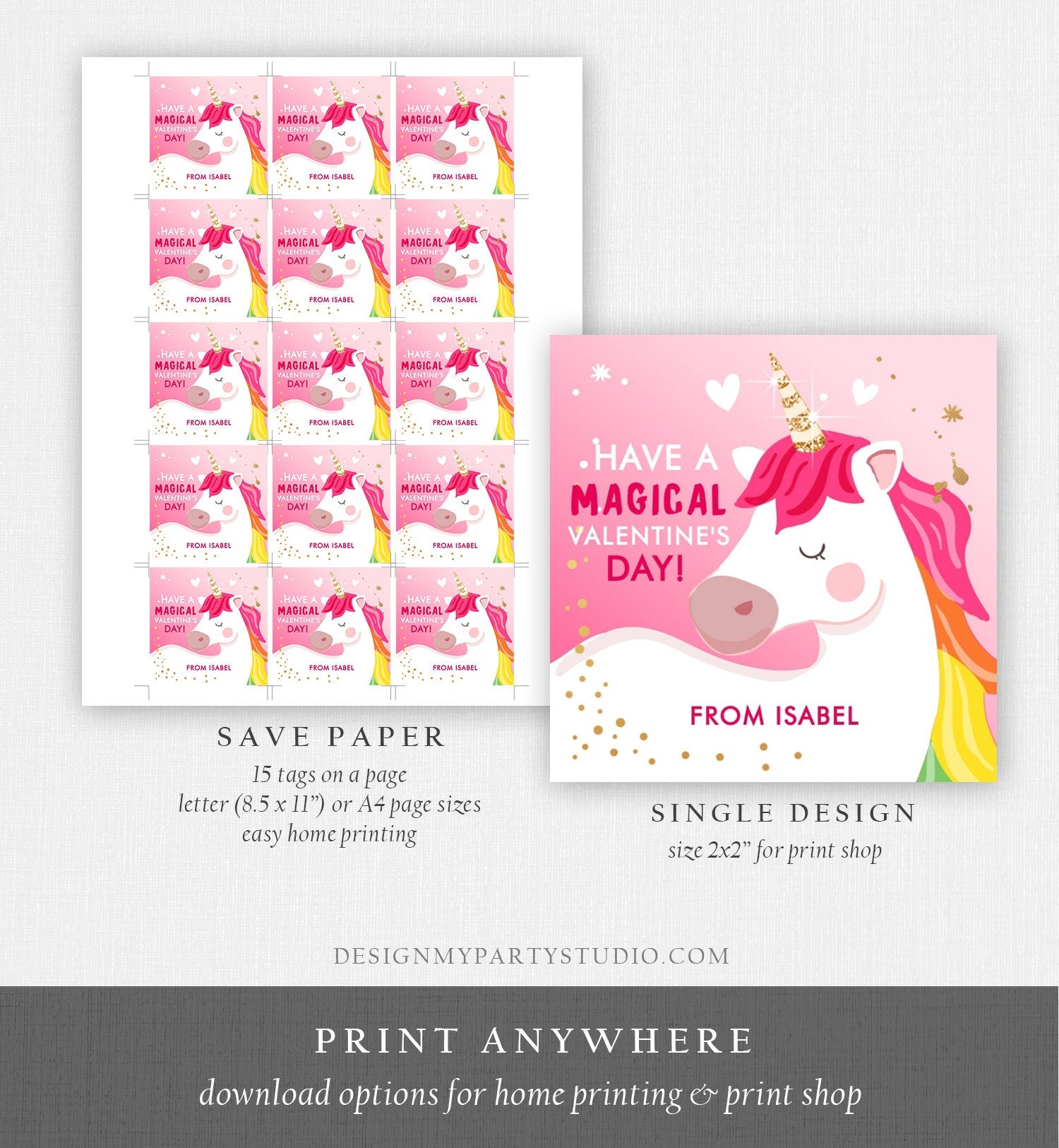 Editable Valentine Unicorn Stickers Valentine Tags for Kids Magical Valentine's Day School Class Personalized Digital PRINTABLE 0323 0370