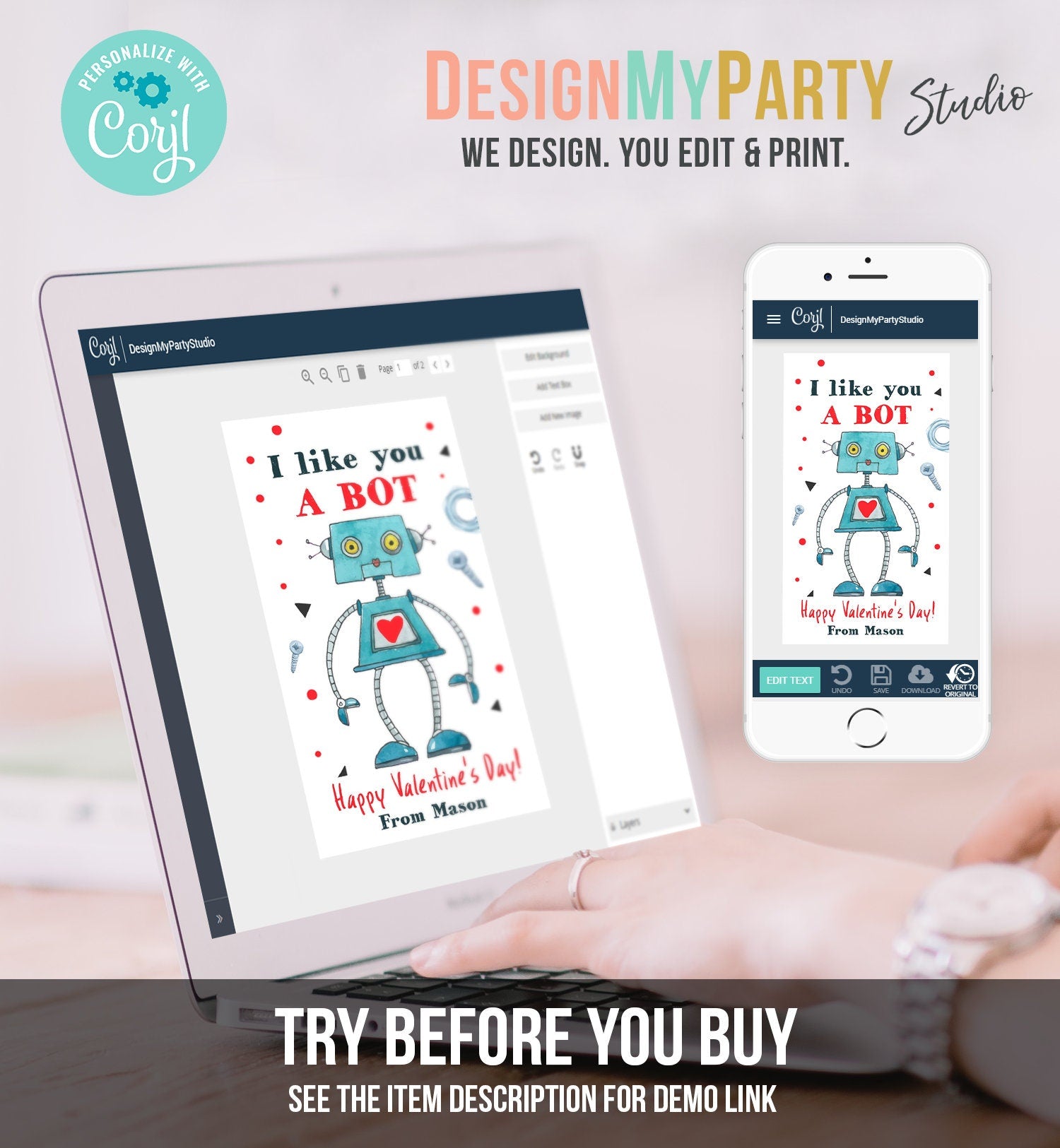 Editable Valentine's Day Card for Kids Robot Valentines Tag School I Like You A Bot Classroom Printable Personalized Digital PRINTABLE 0370