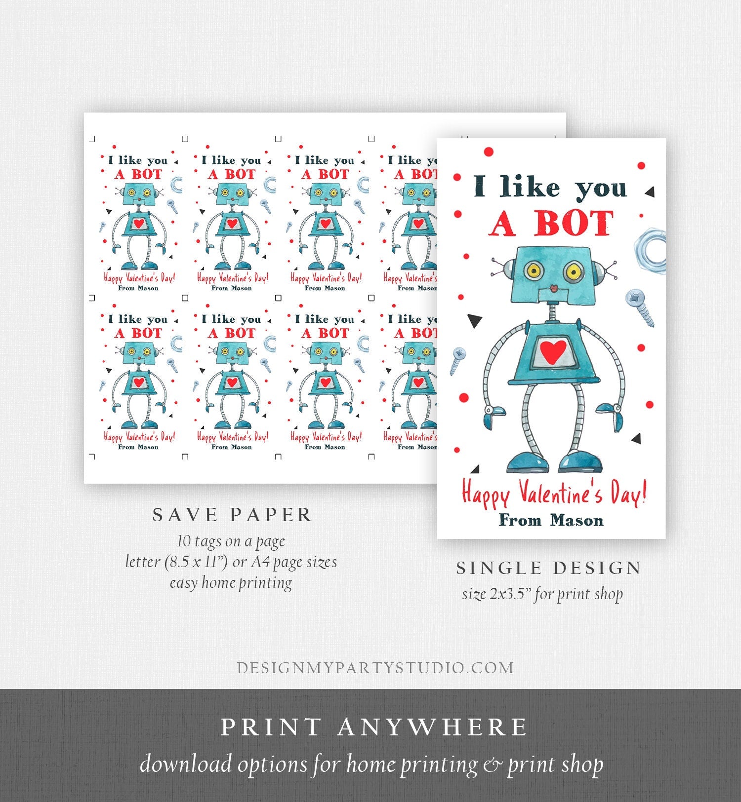 Editable Valentine's Day Card for Kids Robot Valentines Tag School I Like You A Bot Classroom Printable Personalized Digital PRINTABLE 0370