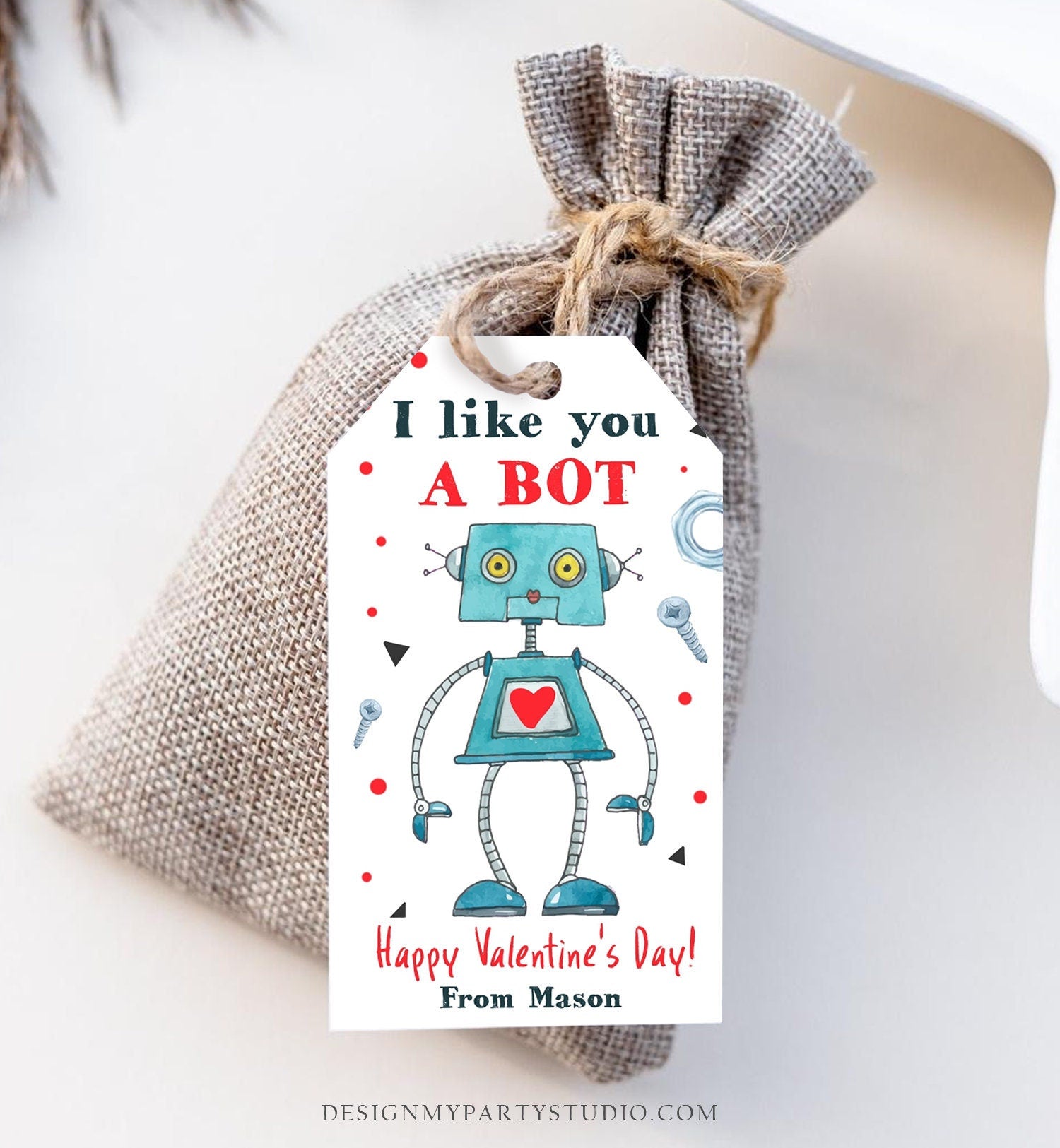 Editable Valentine's Day Card for Kids Robot Valentines Tag School I Like You A Bot Classroom Printable Personalized Digital PRINTABLE 0370