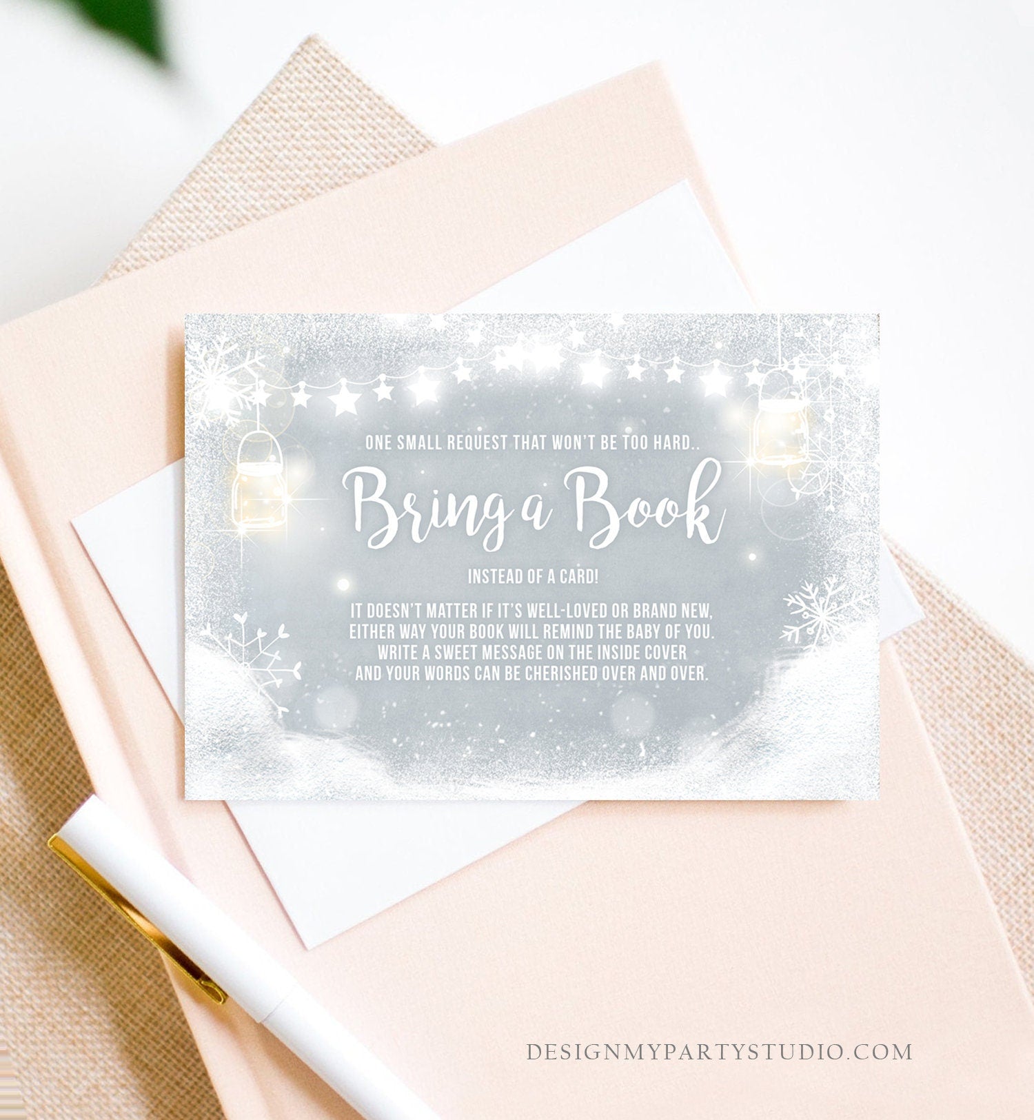 Editable Baby It’s Cold Outside Bring a Book Card Baby Shower Book Insert Winter Snowflakes Wood Neutral Corjl Template Printable 0031