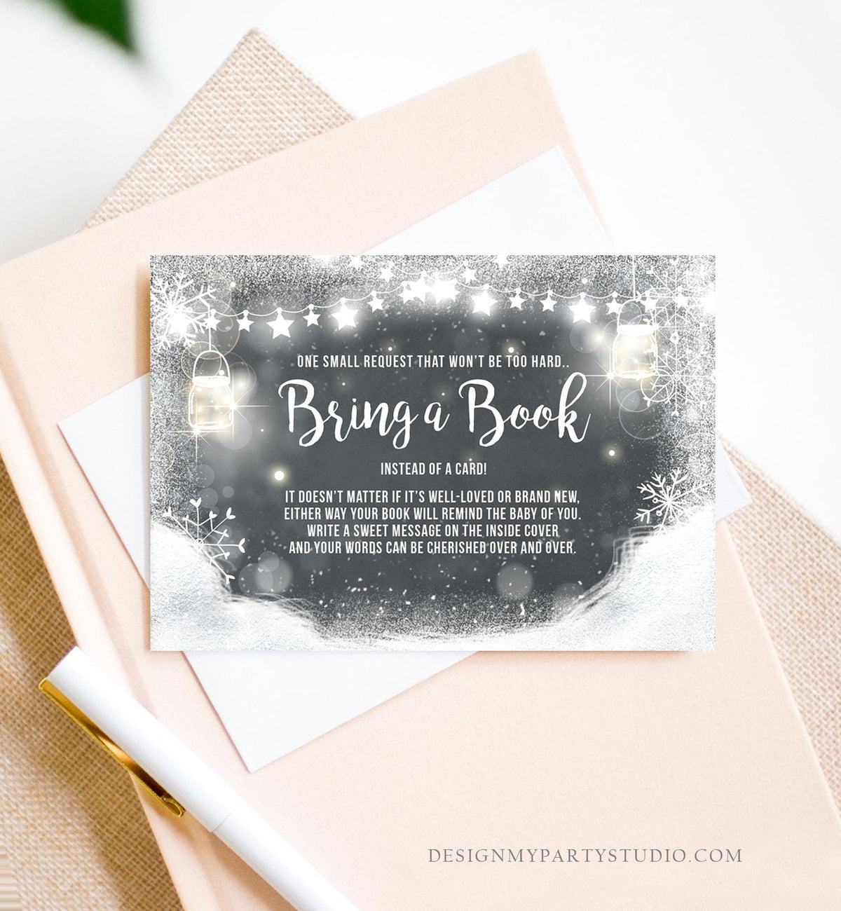 Editable Baby It’s Cold Outside Bring a Book Card Baby Shower Book Insert Winter Snowflakes Wood Neutral Corjl Template Printable 0031