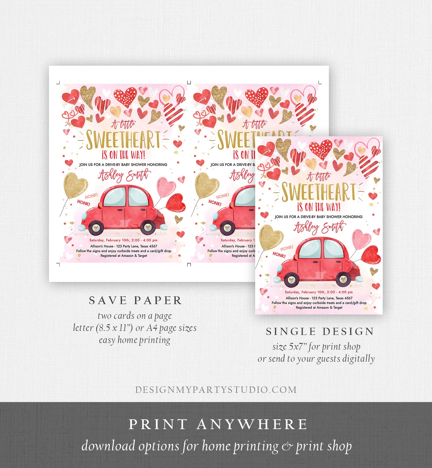 Editable Drive By Sweetheart Baby Shower Invitation Valentine Pink Girl Hearts Drive Through Red Heart Car Corjl Template Printable 0371