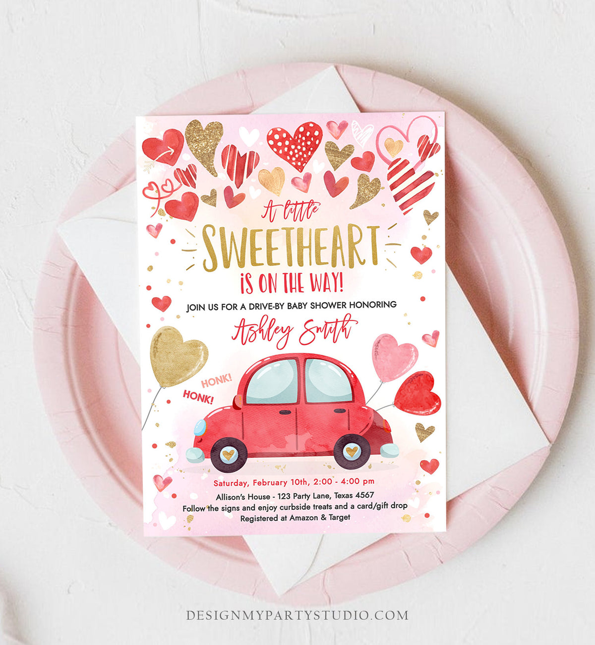 Editable Drive By Sweetheart Baby Shower Invitation Valentine Pink Girl Hearts Drive Through Red Heart Car Corjl Template Printable 0371