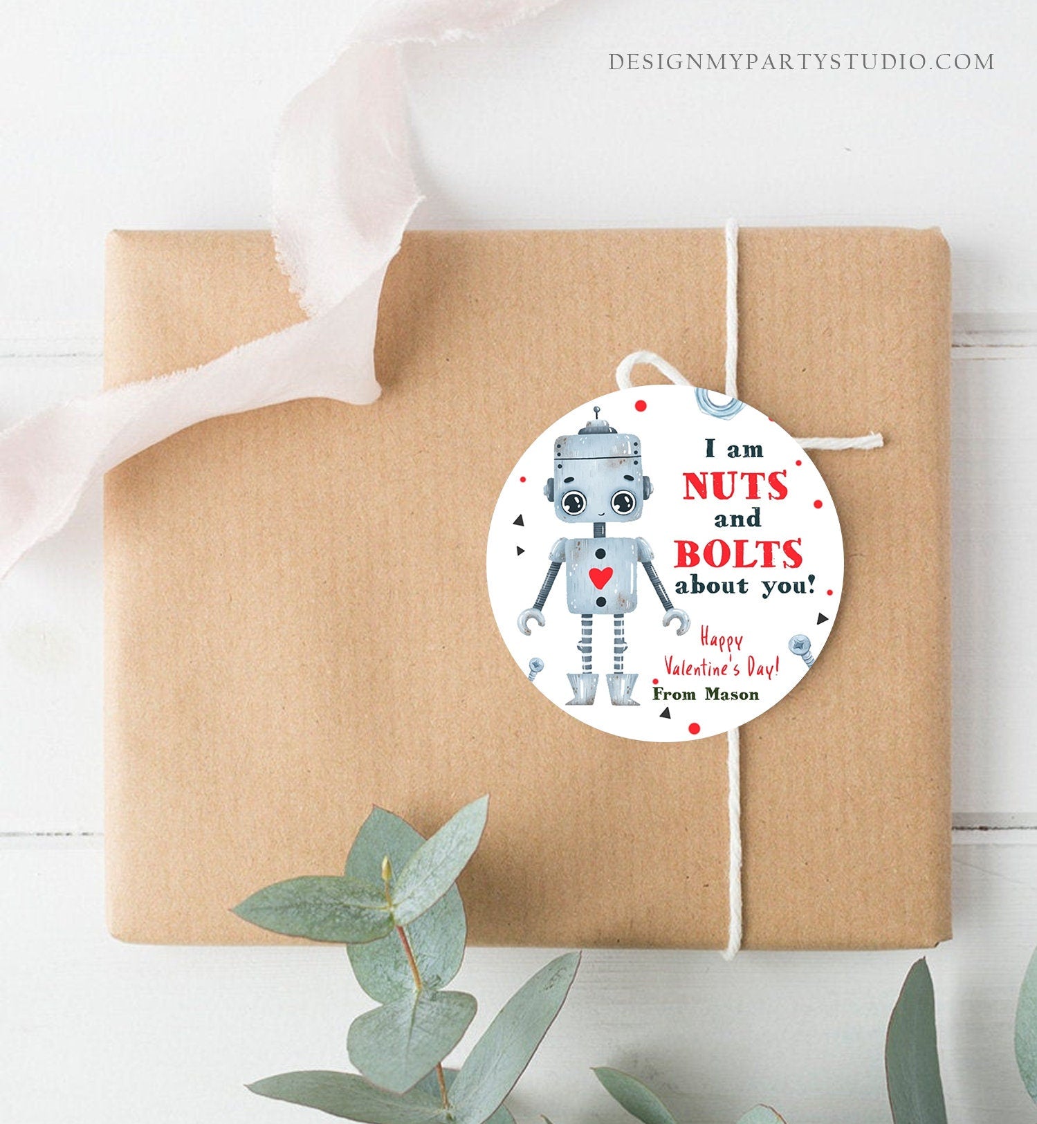 Editable Valentine's Day Card for Kids Robot Valentines Tag Cookie Tag Nuts and Bolts Sticker Printable Personalized Digital PRINTABLE 0370