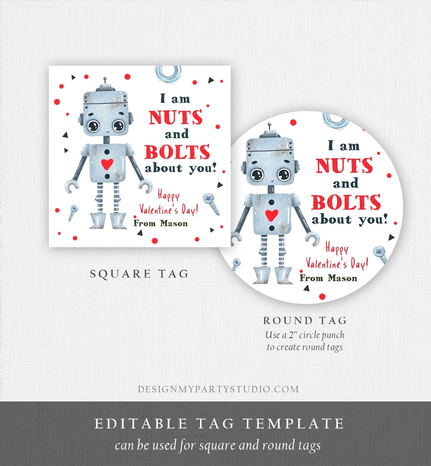 Editable Valentine's Day Card for Kids Robot Valentines Tag Cookie Tag Nuts and Bolts Sticker Printable Personalized Digital PRINTABLE 0370