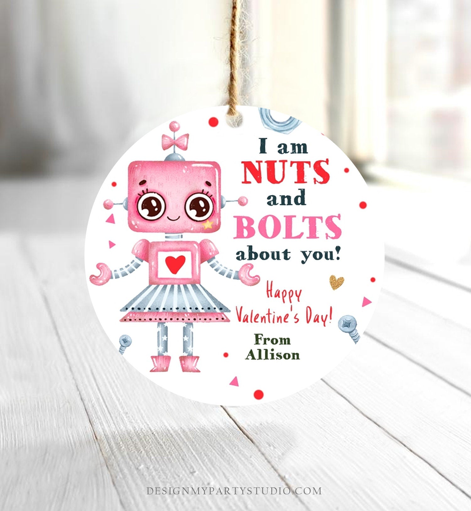 Editable Valentine's Day Card for Kids Robot Valentines Tag Cookie Tag Nuts and Bolts Sticker Printable Personalized Digital PRINTABLE 0370