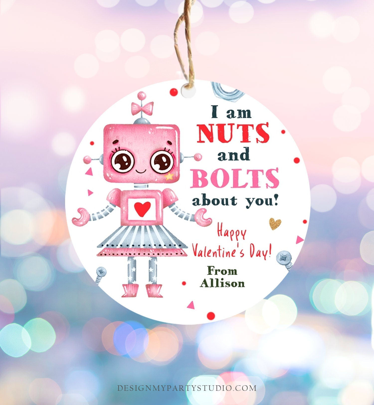 Editable Valentine's Day Card for Kids Robot Valentines Tag Cookie Tag Nuts and Bolts Sticker Printable Personalized Digital PRINTABLE 0370